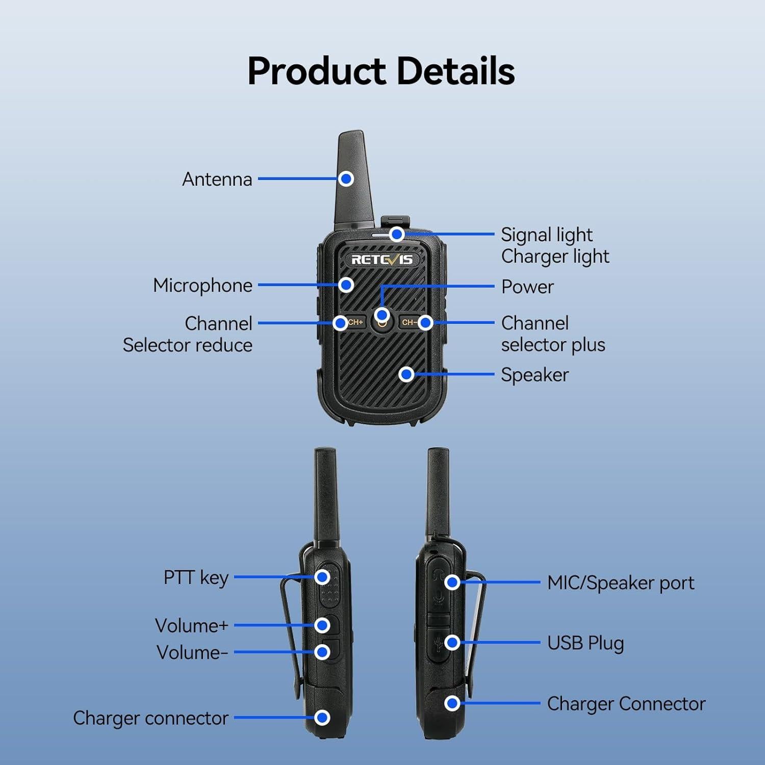 Walkie Talkies Retevis RT15 Mini 3 Pack 1000mAh Recargables