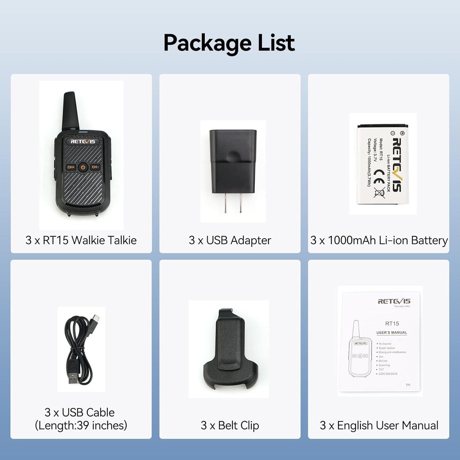 Walkie Talkies Retevis RT15 Mini 3 Pack 1000mAh Recargables