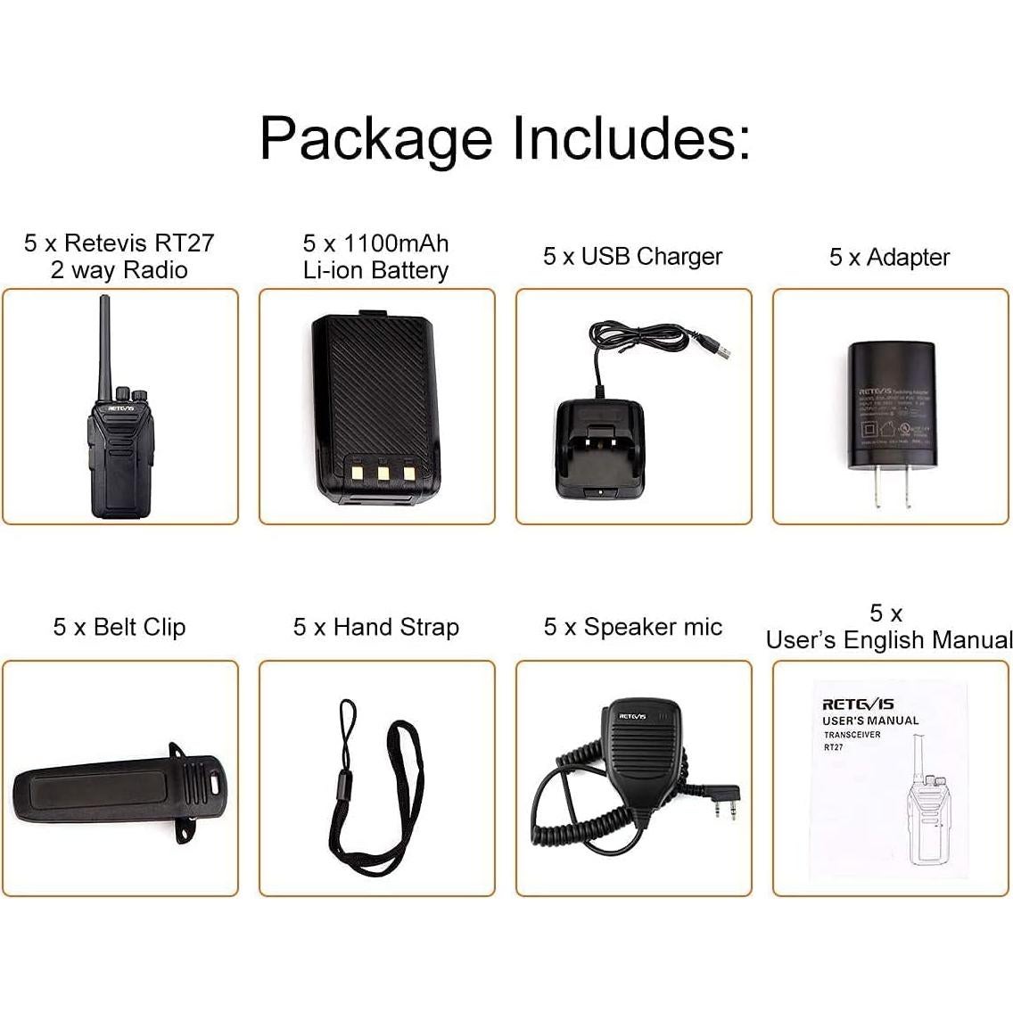 Walkie Talkies Retevis RT27 con Micrófono de Hombro - Paquete de 5