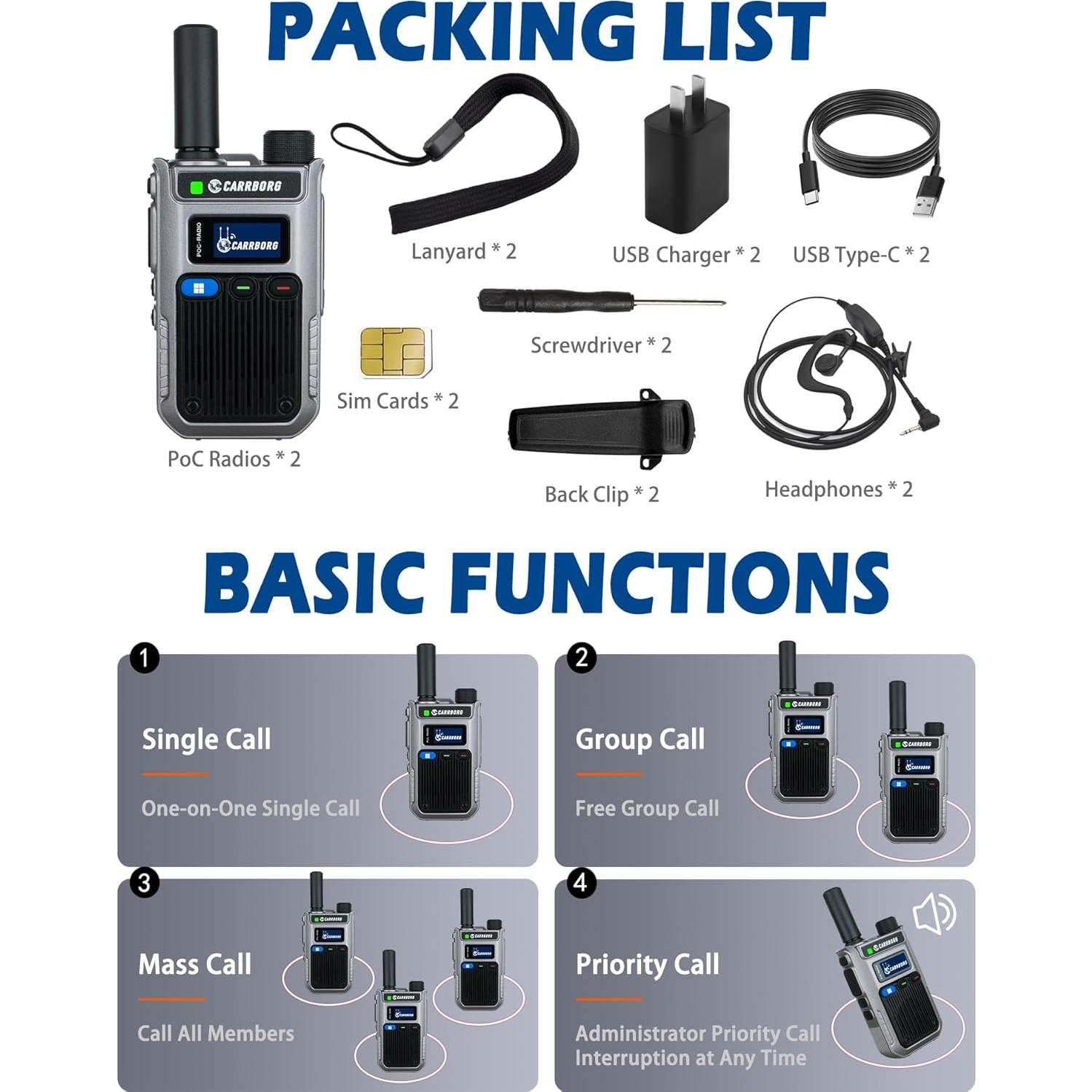 Walkie Talkies 4G LTE CARRBORG A63 - Rango Ilimitado (2 Pcs)