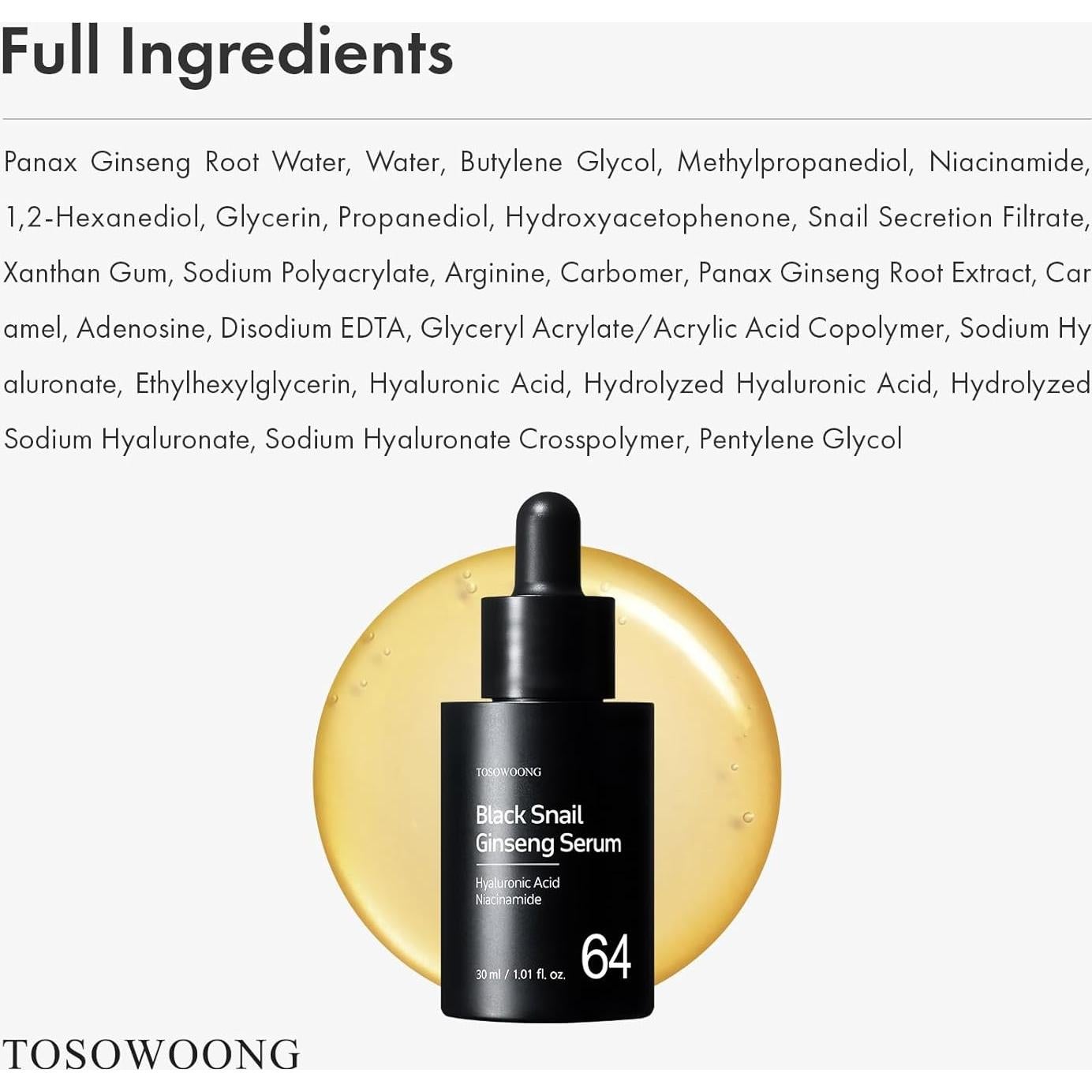 Suero Facial TOSOWOONG Ginseng de Caracol Negro 30ml Hidratante