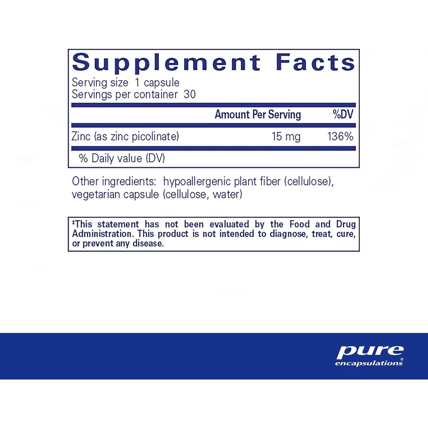 Suplemento de Zinc Picolinato Pure Encapsulations 15 mg - 30 Cápsulas