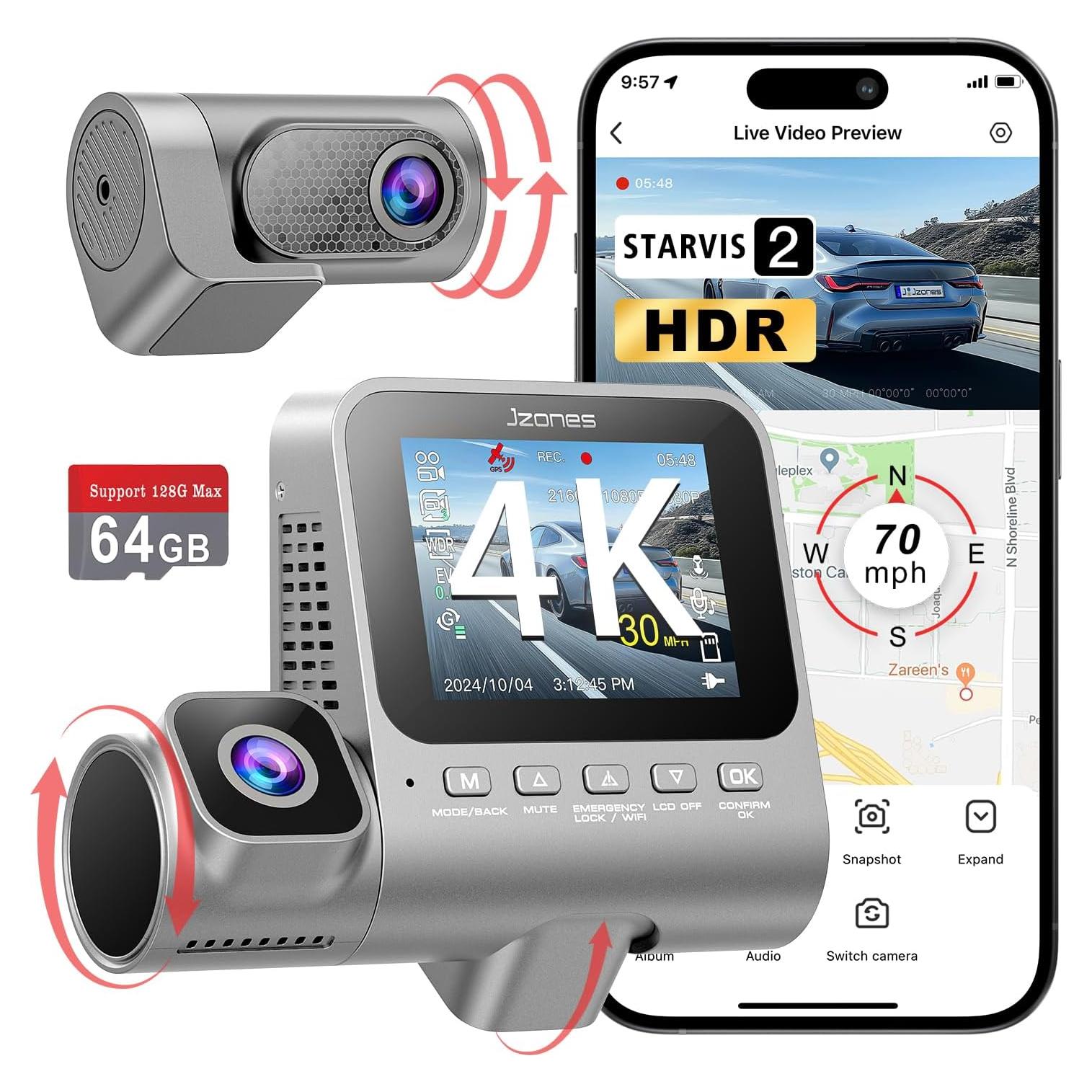 Cámara Dash 3 Canales Jzones V630 4K GPS WiFi Visión Nocturna