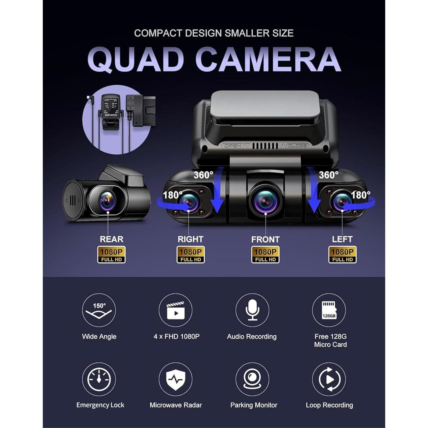 Cámara de Tablero Rhorawill 4 Canales FHD GPS WiFi 128GB