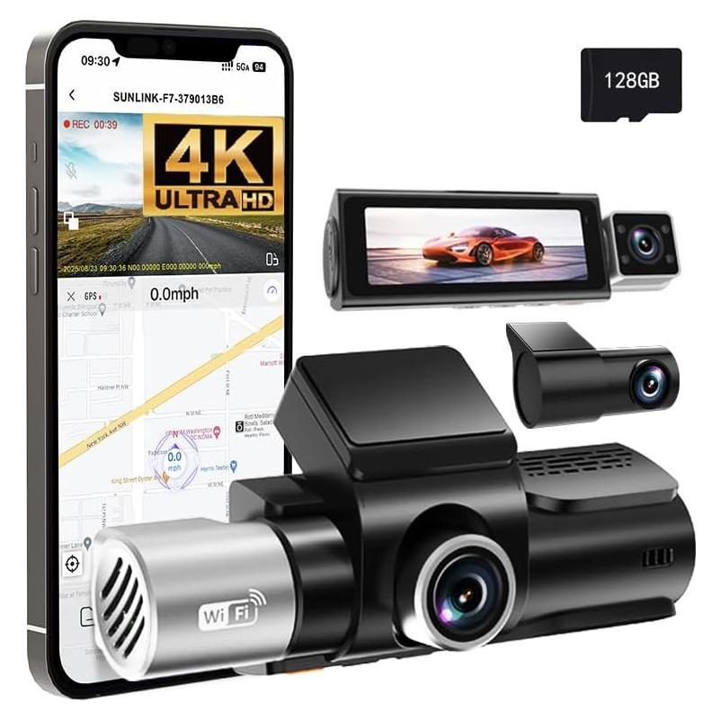 Cámara Dash OENBATOM F7 4K + 1080P, GPS, Wi-Fi, 128GB