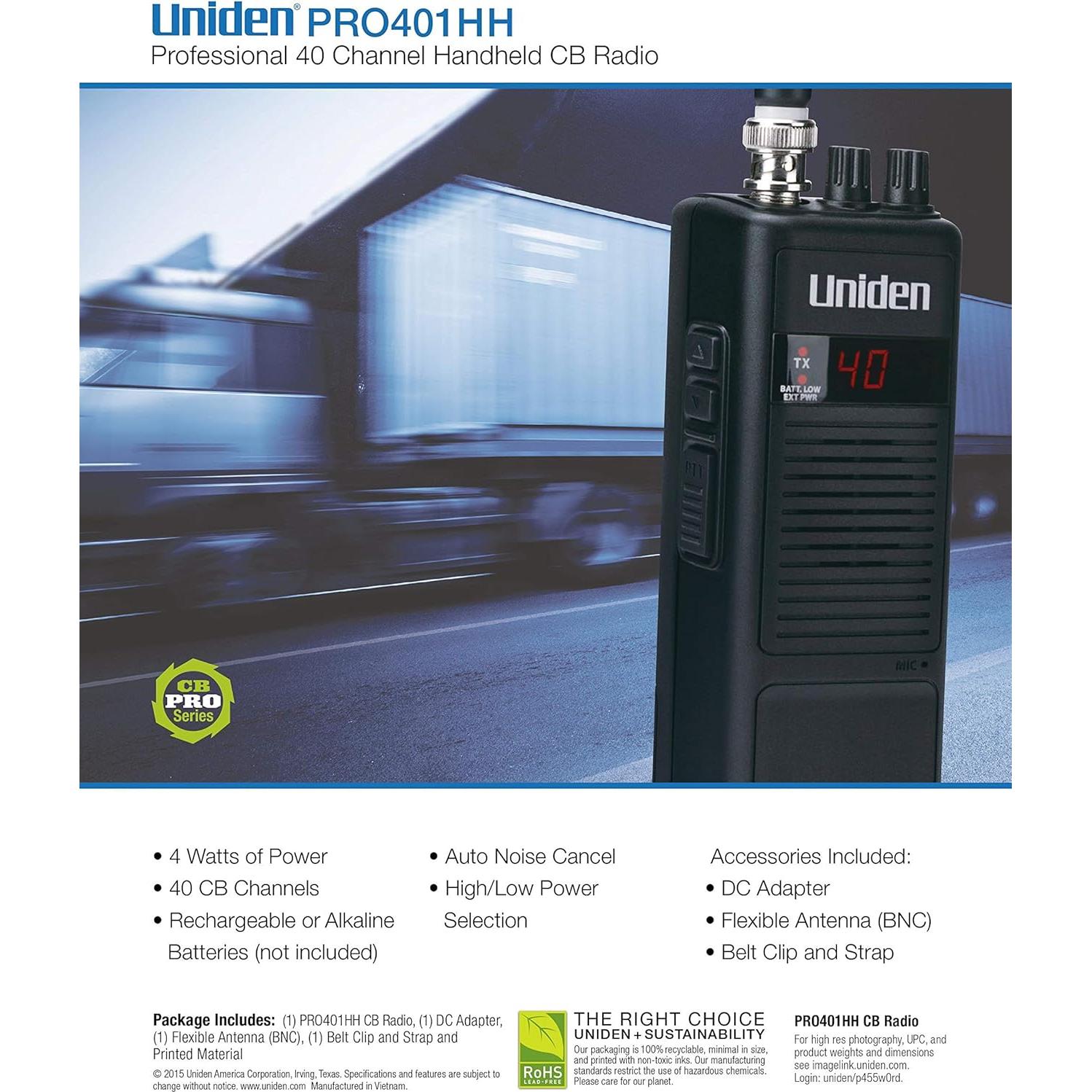 Radio CB Portátil Uniden PRO401HH 40 Canales 4W Alcance Largo