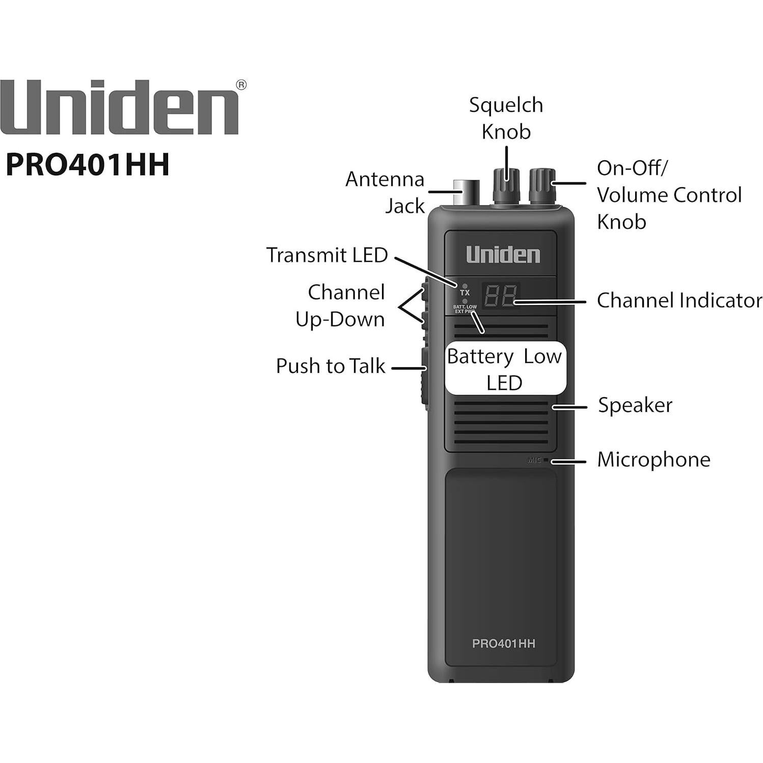 Radio CB Portátil Uniden PRO401HH 40 Canales 4W Alcance Largo