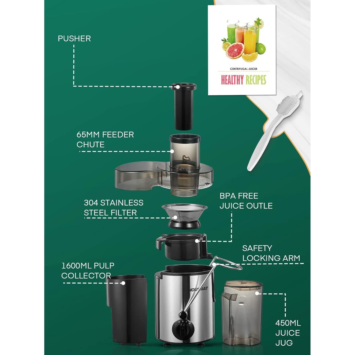 Extractor de Jugo HOUSNAT 400W Acero Inoxidable 3 Velocidades