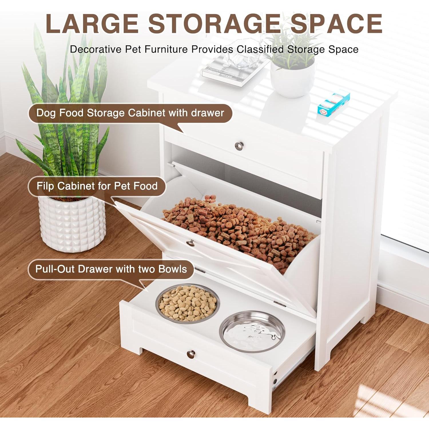 Estación de Alimentación para Perros GAZHOME con 2 Cuencos y Armario