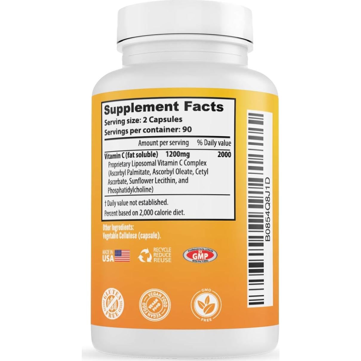 Suplemento de Vitamina C Liposomal 1200 mg Whole Nature 180 Cápsulas Veganas