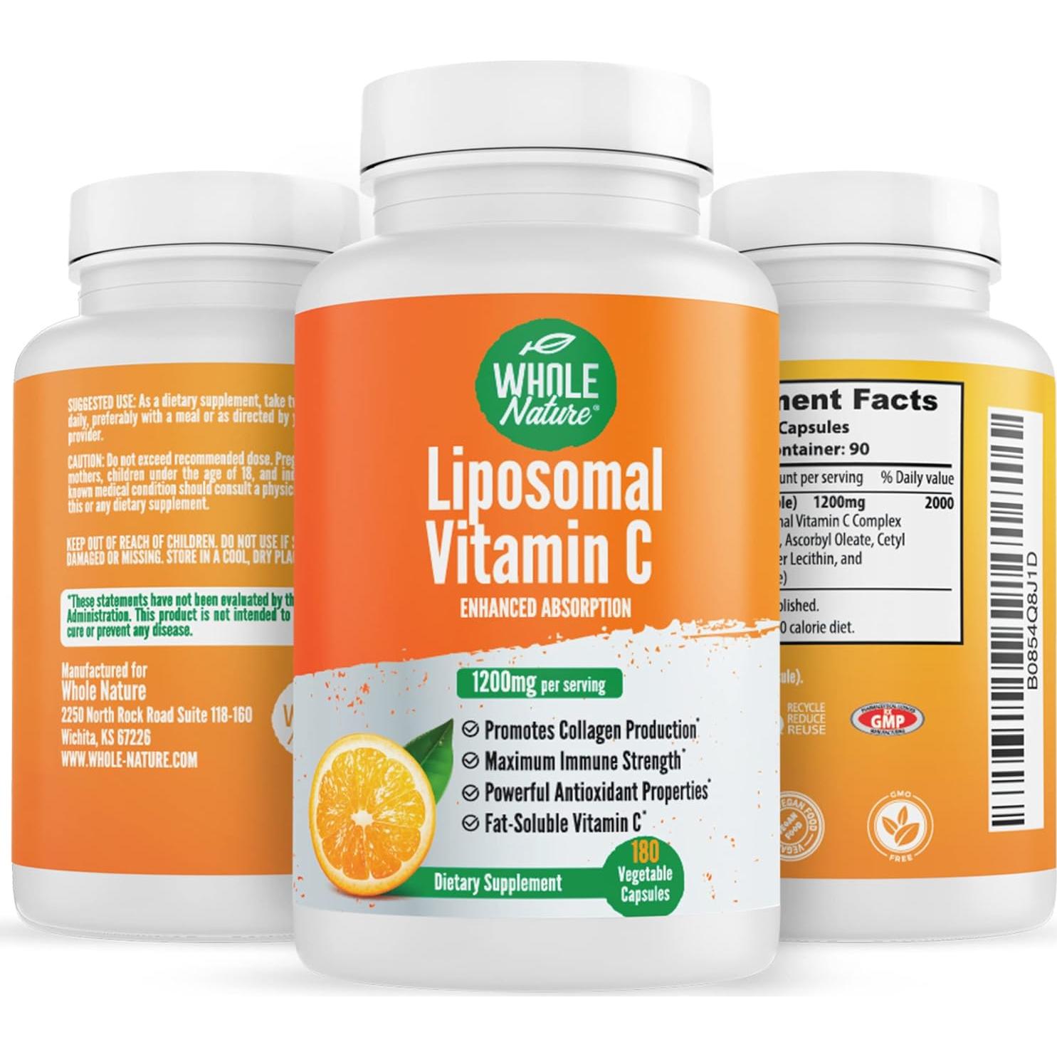 Suplemento de Vitamina C Liposomal 1200 mg Whole Nature 180 Cápsulas Veganas