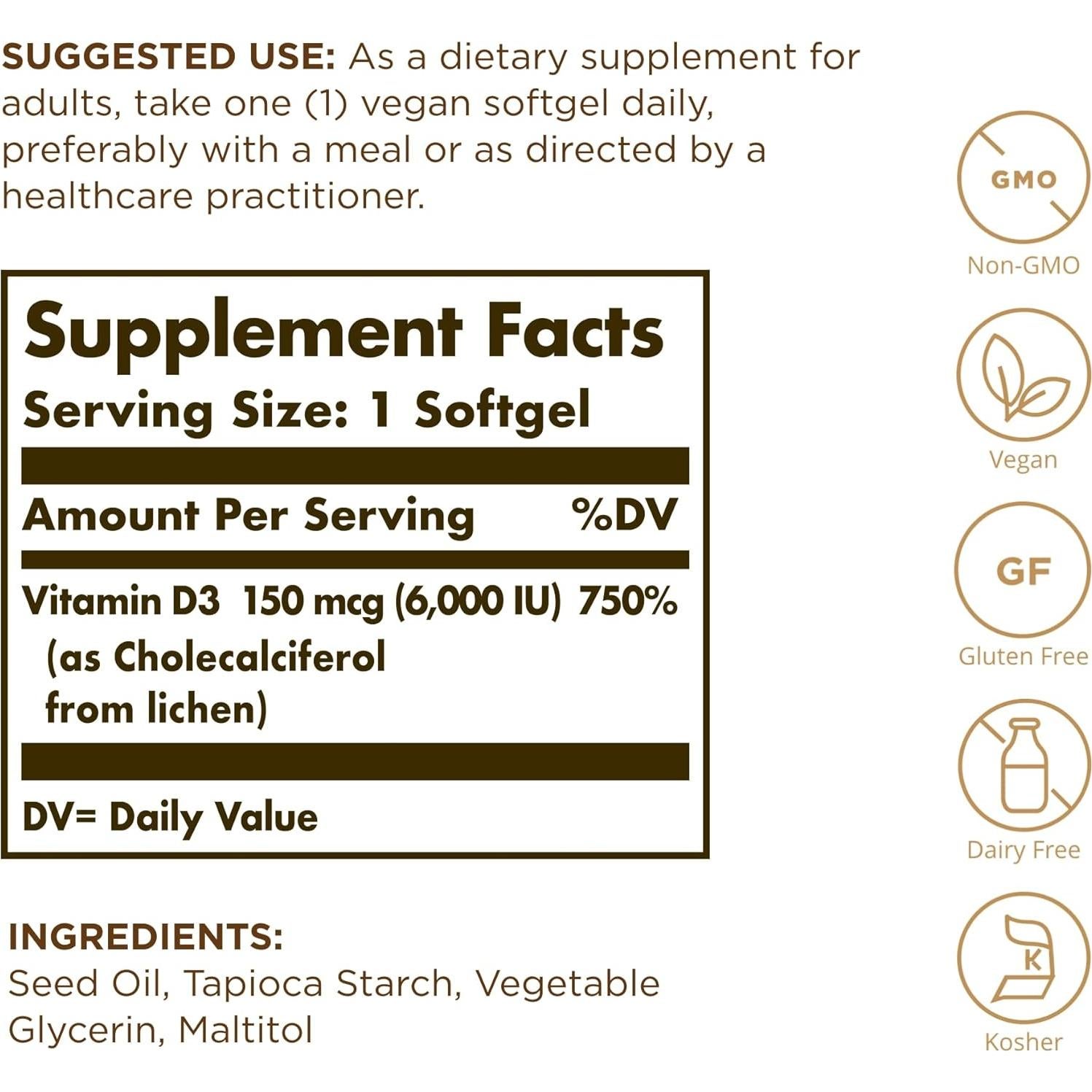 Vitamina D3 Vegana Solgar 150 mcg 100 Gelatinas Blandas