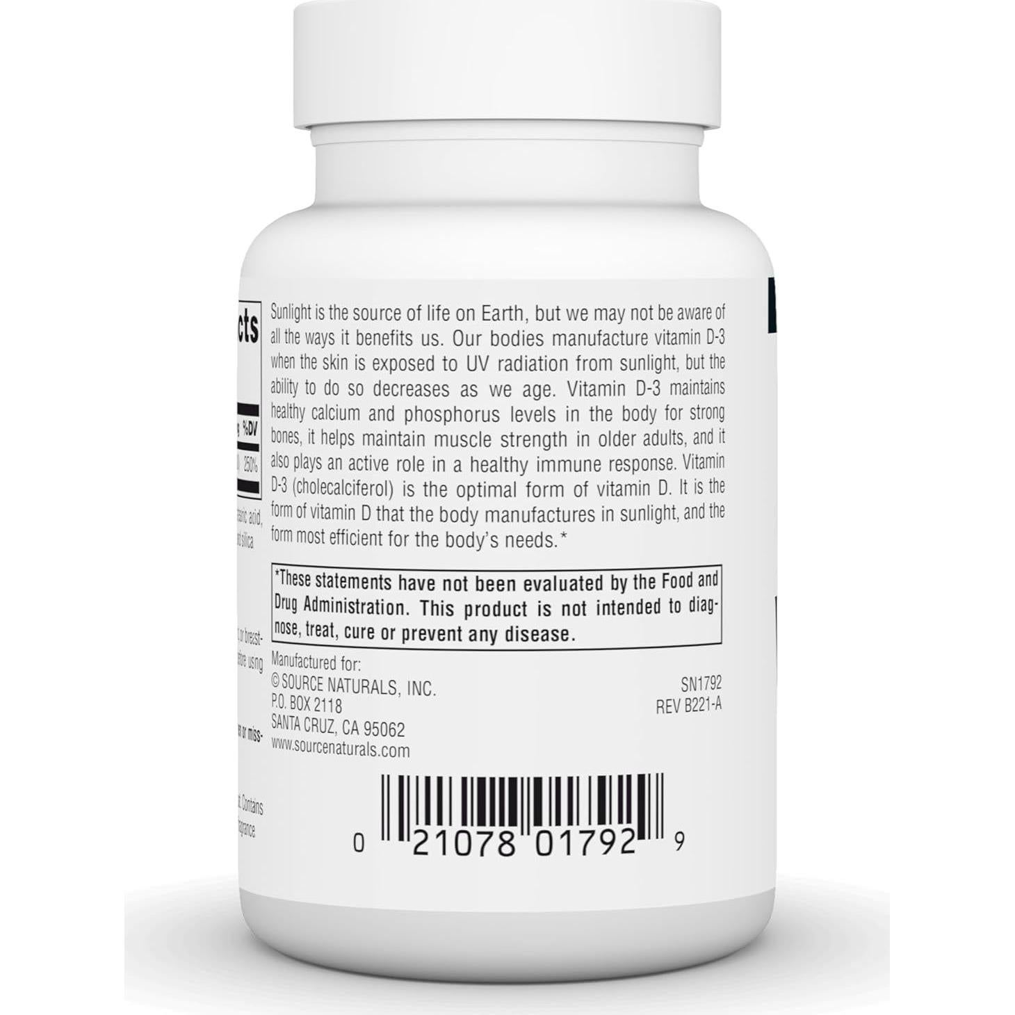 Vitamina D-3 Source Naturals 1000 IU 200 Tabletas Salud Ósea