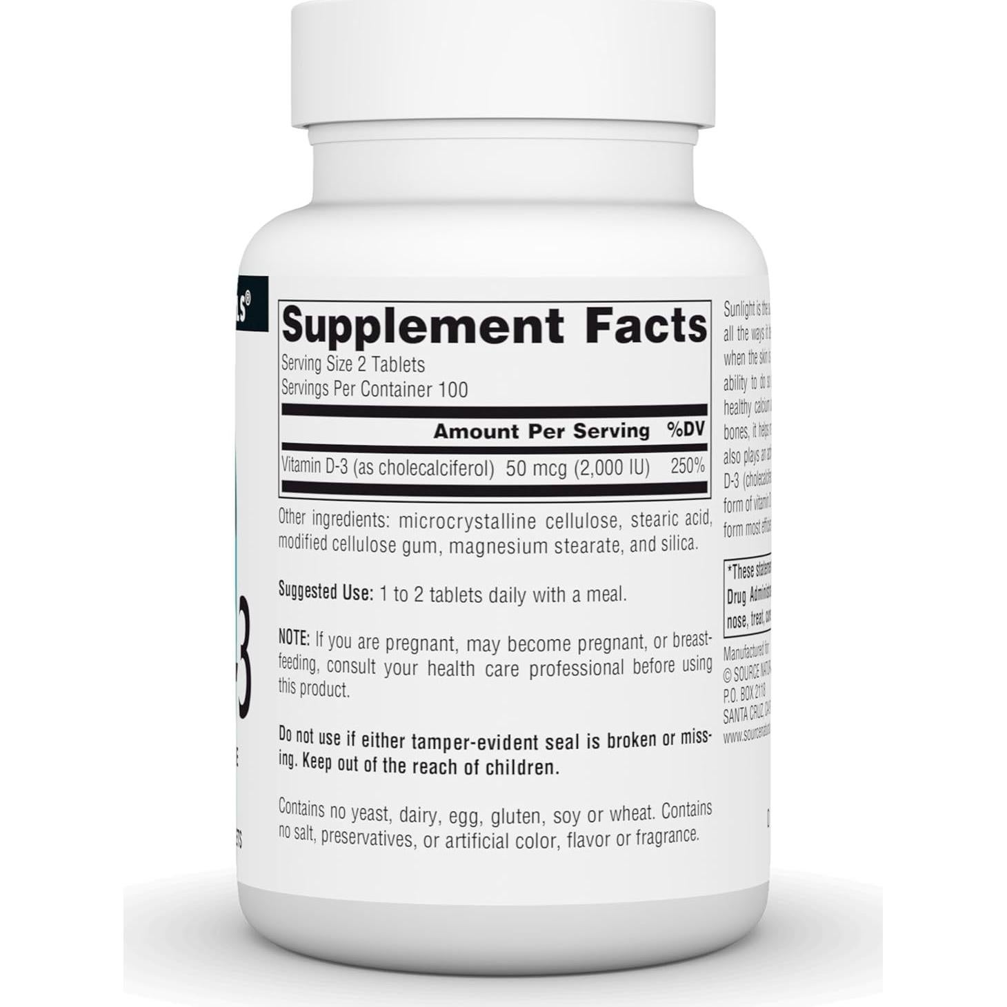 Vitamina D-3 Source Naturals 1000 IU 200 Tabletas Salud Ósea