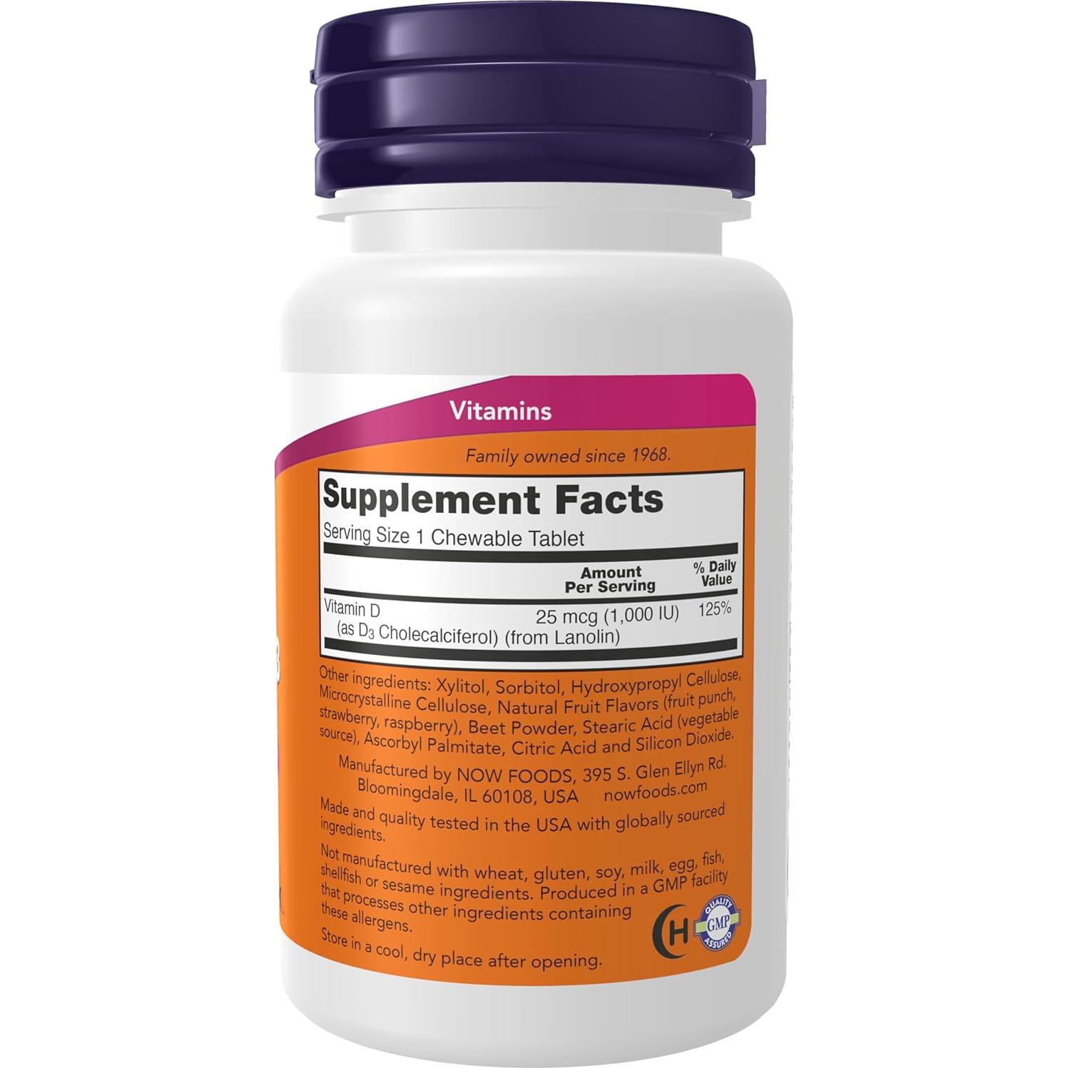 Vitamina D-3 Masticable NOW Foods 1000 UI Fruta 180 Unidades