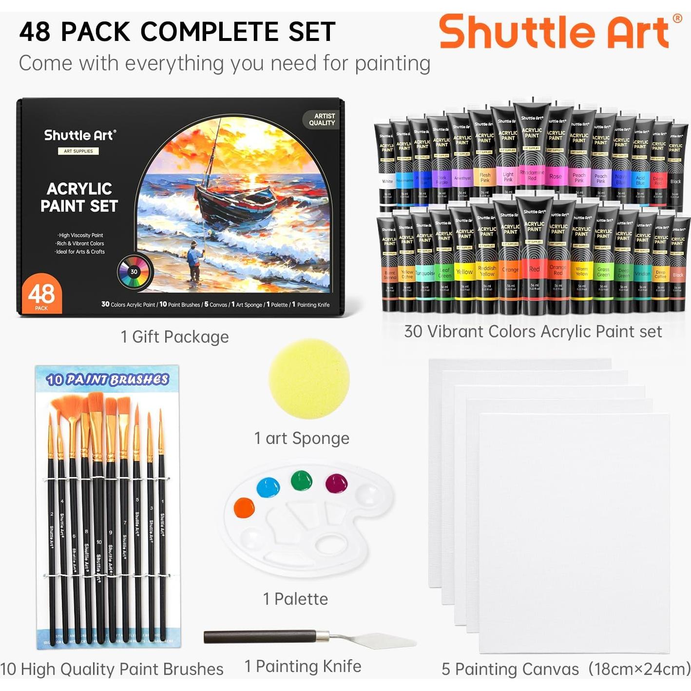 Conjunto de Pintura Acrílica Shuttle Art 48 Piezas 30 Colores