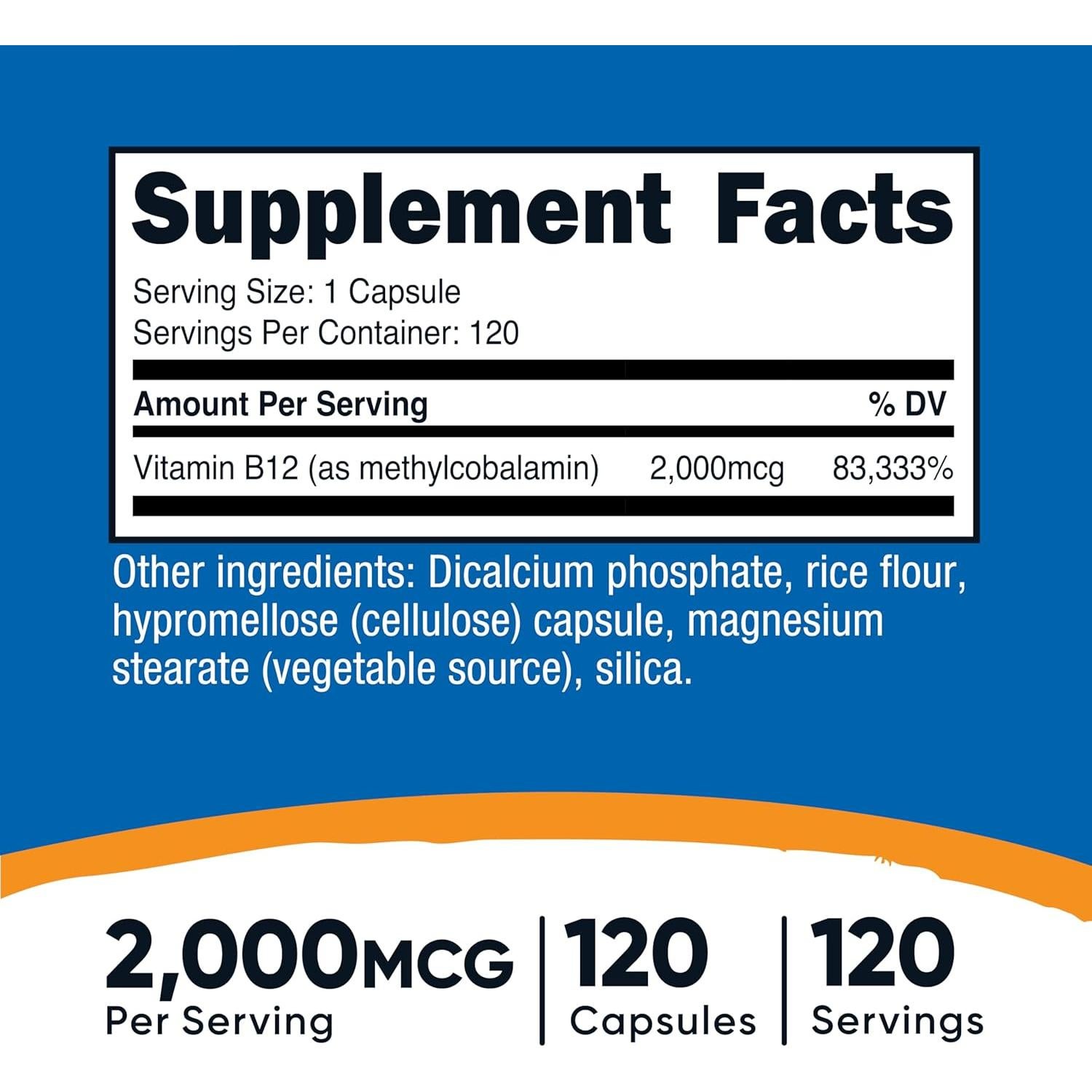 Nutricost Vitamina B12 2000mcg Metilcobalamina 120 Cápsulas Vegetarianas