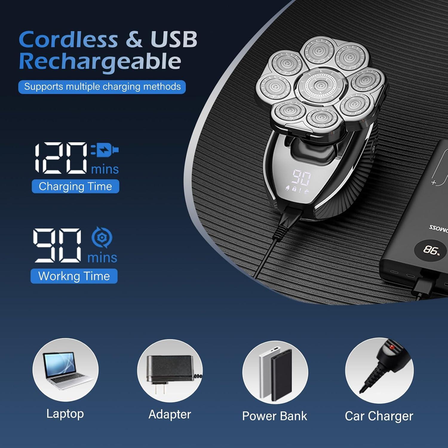 Head Shavers for Bald Men,Detachable Head Shaver,Electric Razor for Men,IPX6 Waterproof Wet Dry Bald Head Shavers,9D LED Display Electric Rechargeable Head Shaving Grooming Kit with USB Charge