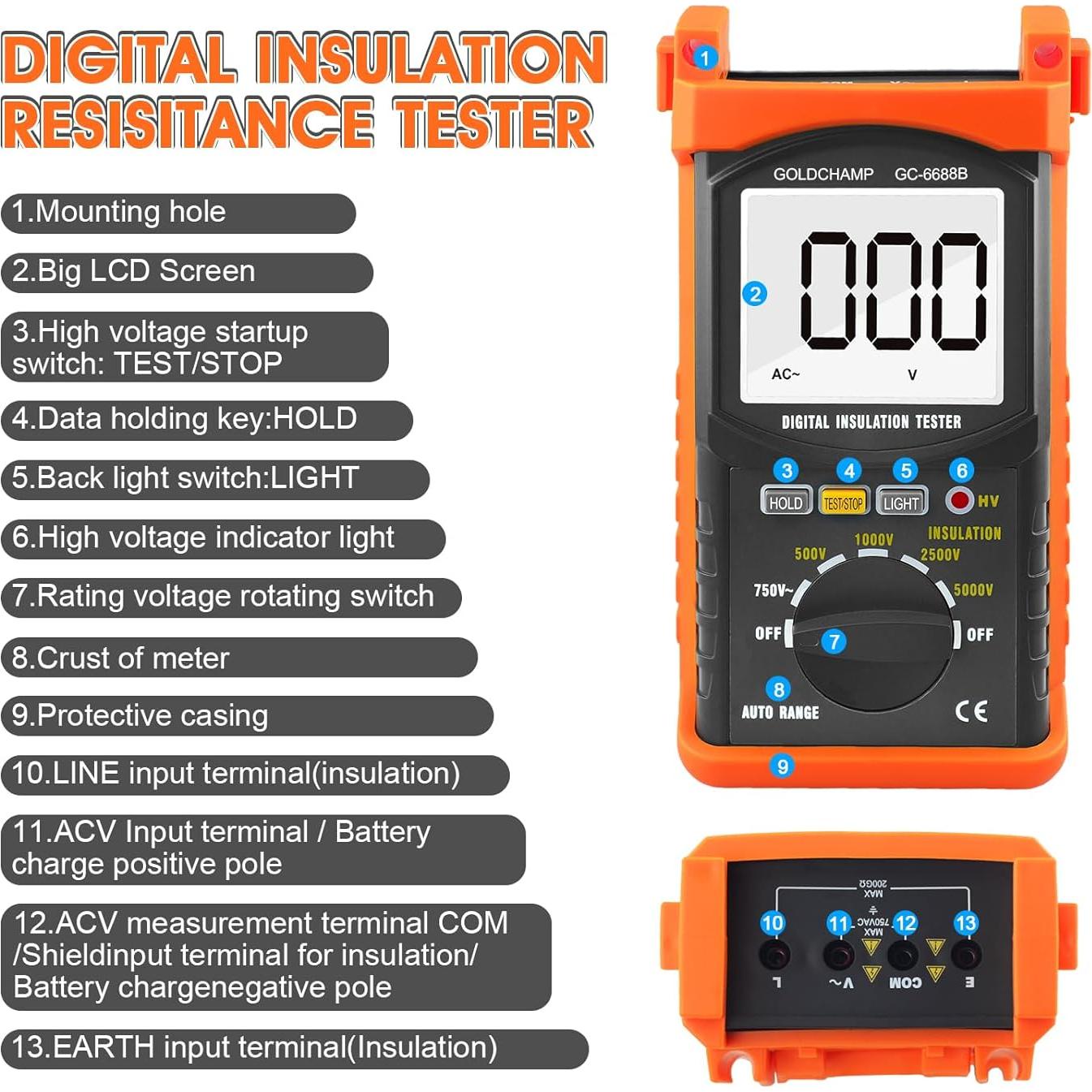 Megóhmetro Digital GC-6688B 200G Ohm 5000V Pantalla Retroiluminada