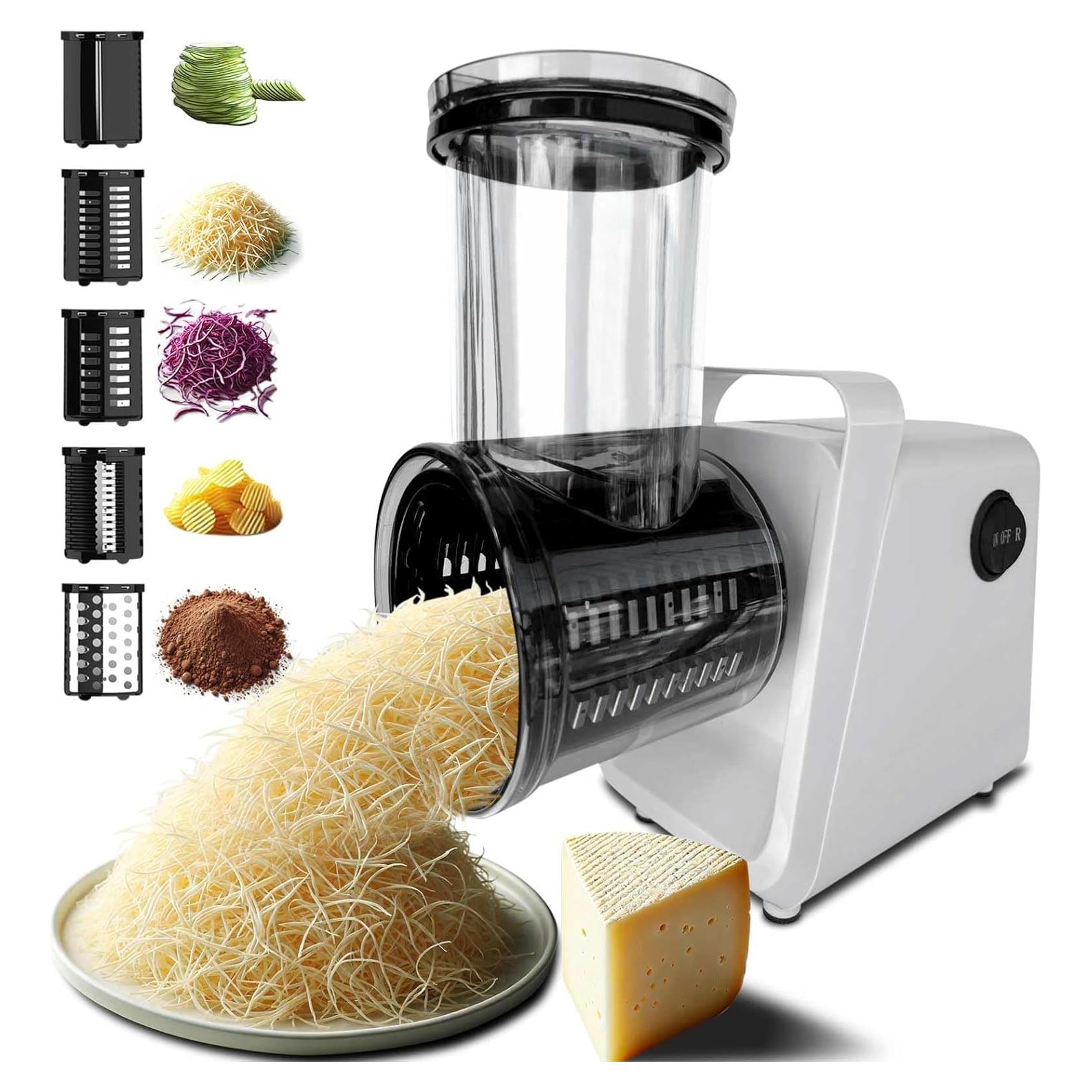 Electric Cheese Grater Salad Maker 300W Electric Vegetable Slicer Shredder Chopper for Fruits with 5 Different Shapes of stainless steel Blades Stainless Steel Food Cutter for Vegetables and Cheeses