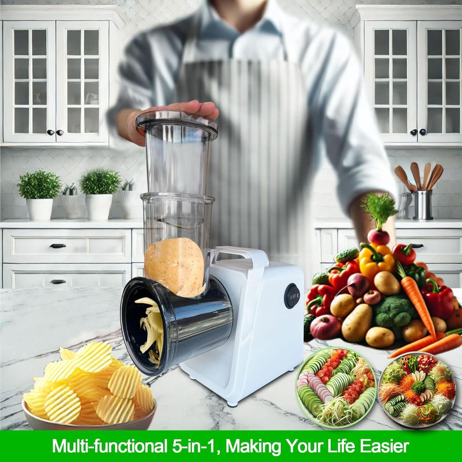 Electric Cheese Grater Salad Maker 300W Electric Vegetable Slicer Shredder Chopper for Fruits with 5 Different Shapes of stainless steel Blades Stainless Steel Food Cutter for Vegetables and Cheeses