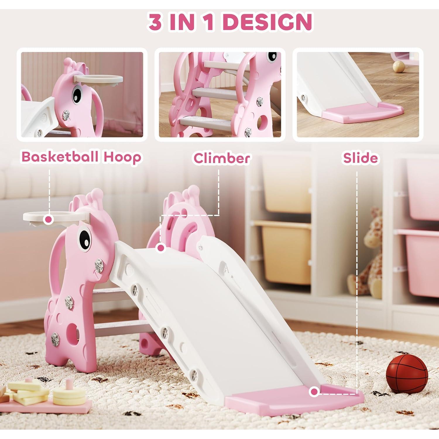 Tobogán para Niños Qaba Jirafa Rosa con Escalera y Aro