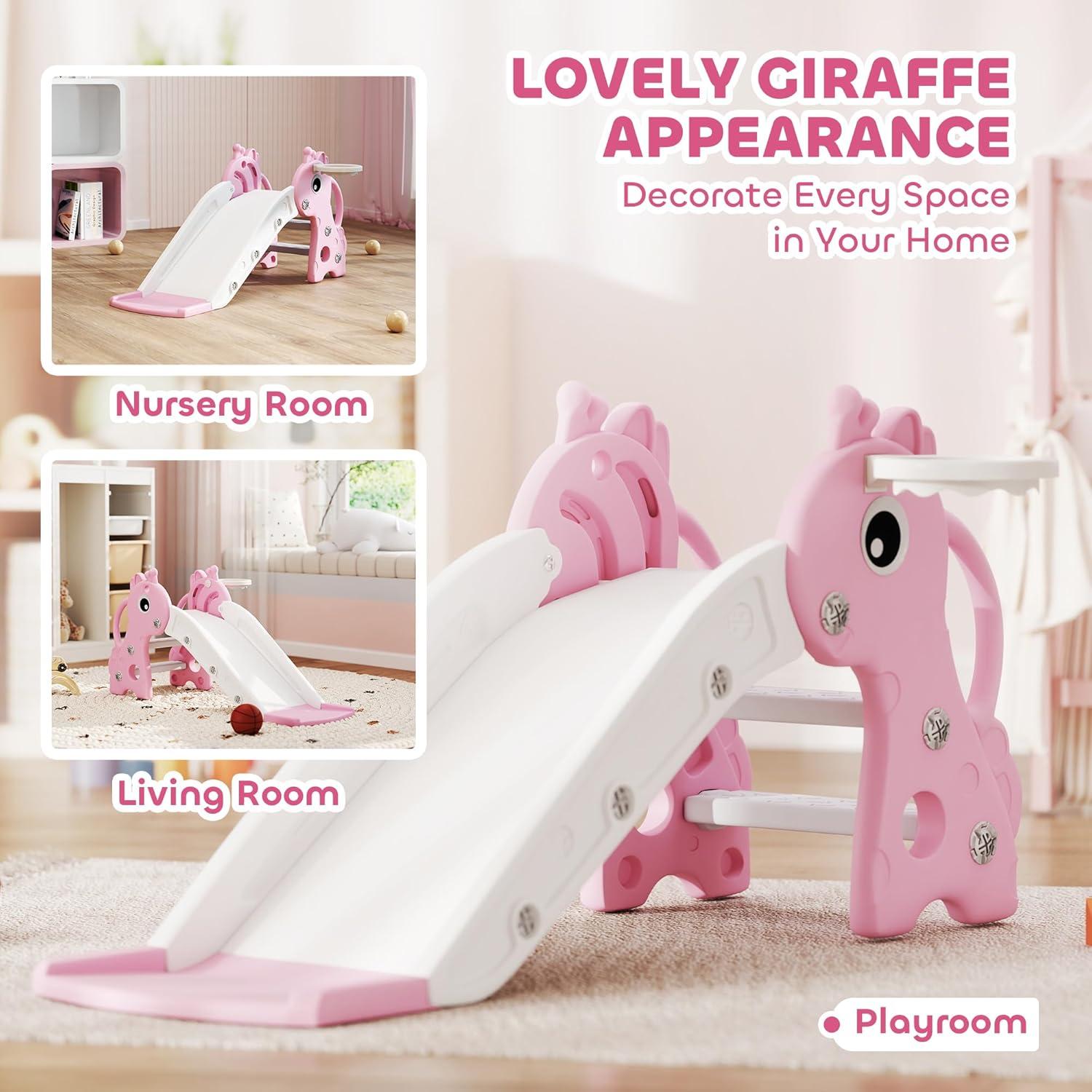 Tobogán para Niños Qaba Jirafa Rosa con Escalera y Aro