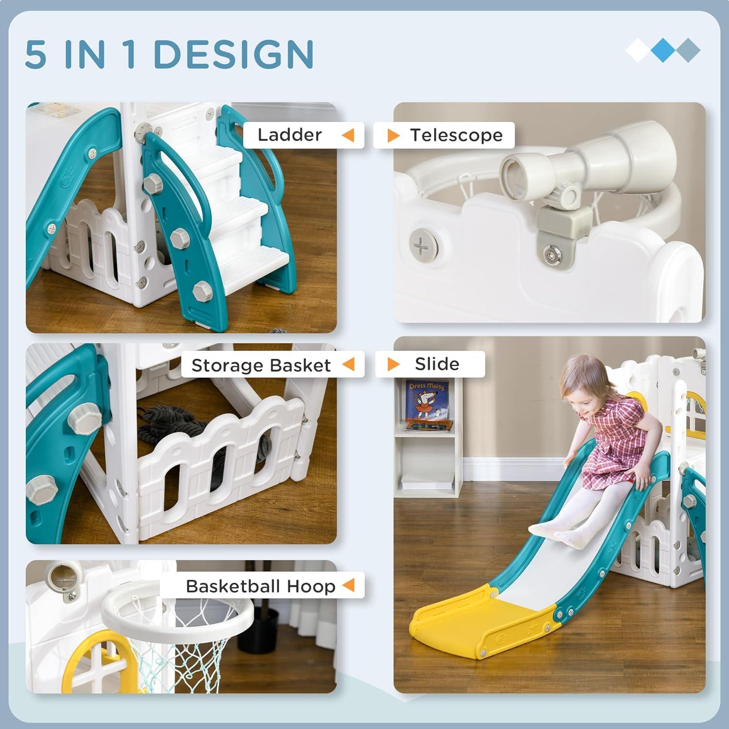 Tobogán 5 en 1 Qaba para Niños 1-3 Años con Aro y Telescopio