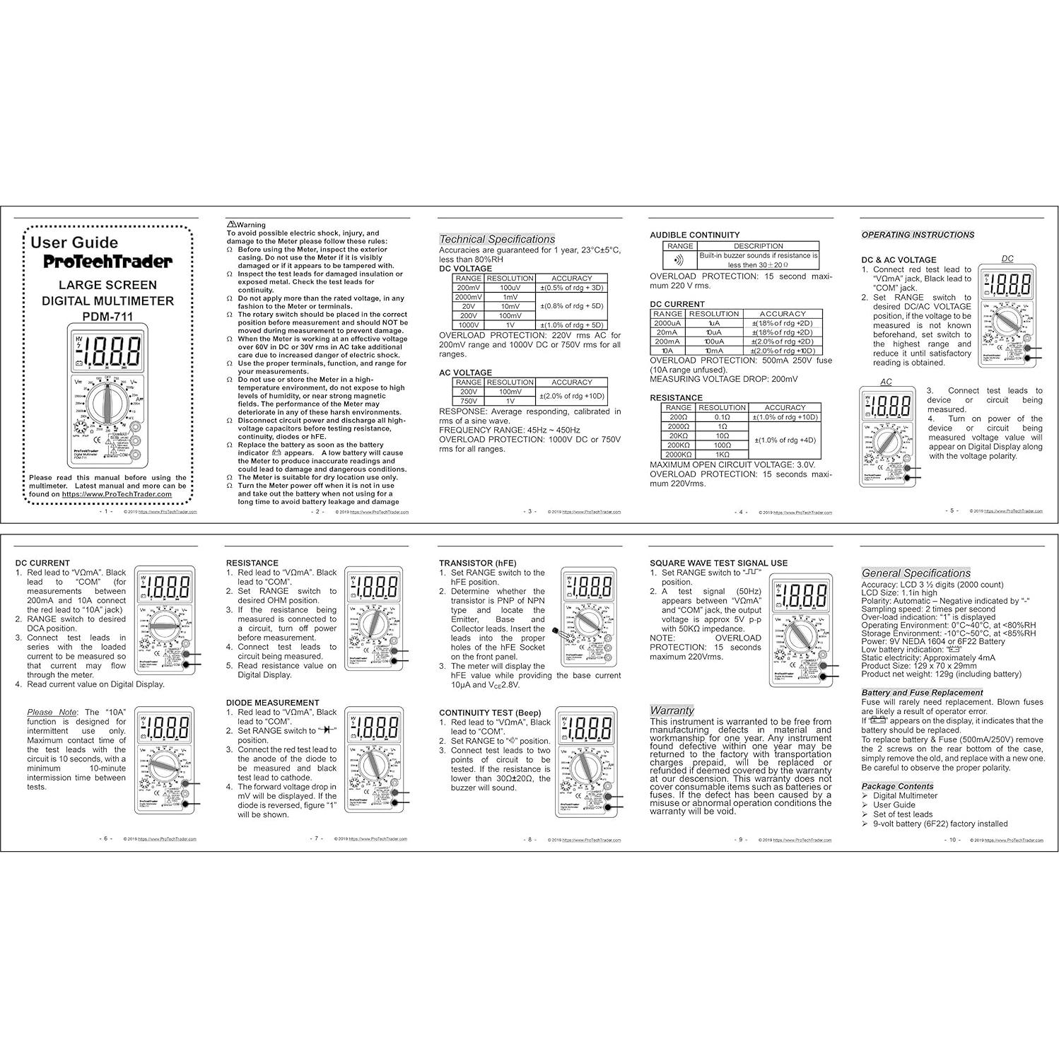 Multímetro Digital ProTechTrader PDM711 Pantalla Grande 2.92cm