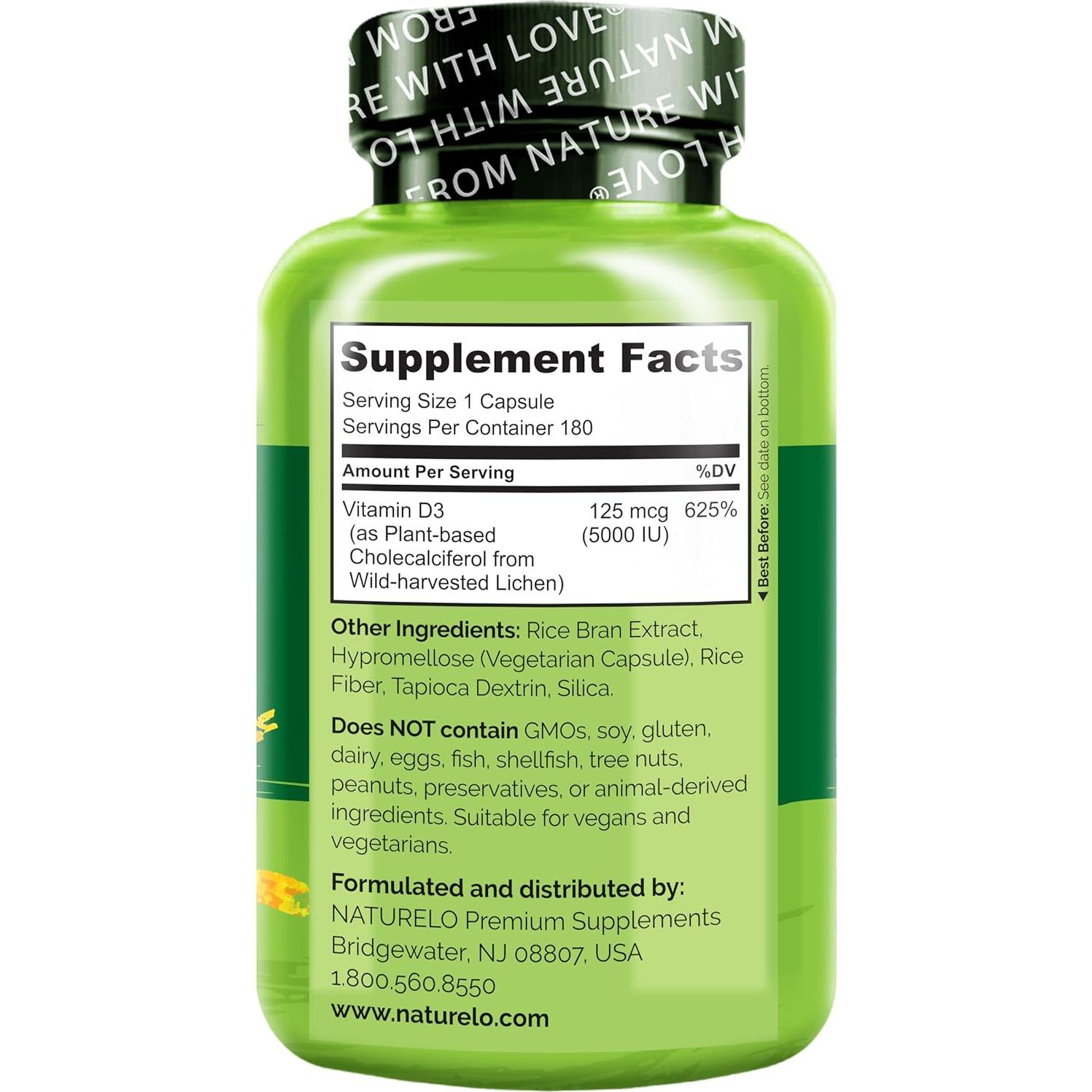 Vitamina D3 Vegana NATURELO 5000 UI - 180 Cápsulas