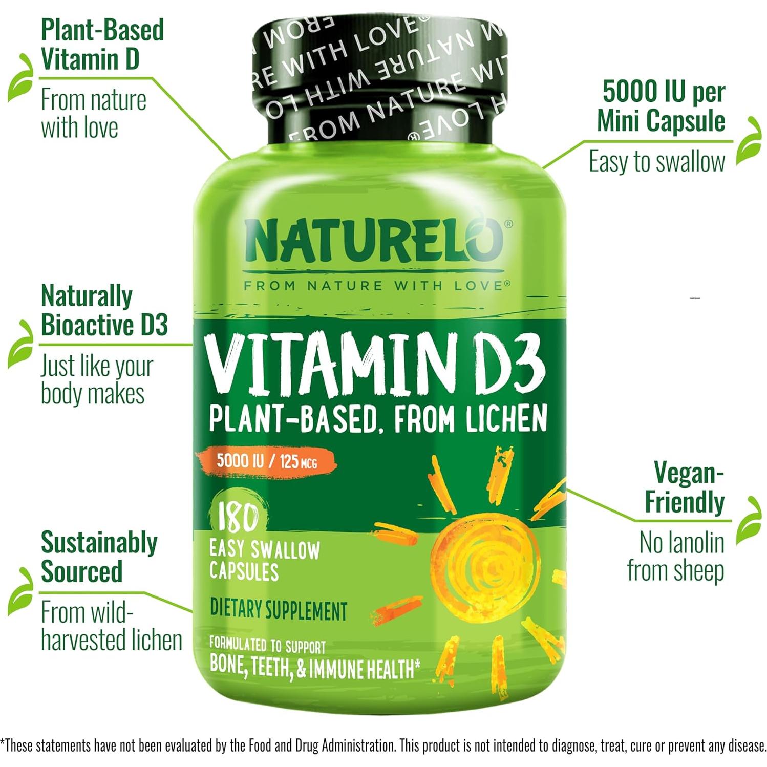 Vitamina D3 Vegana NATURELO 5000 UI - 180 Cápsulas