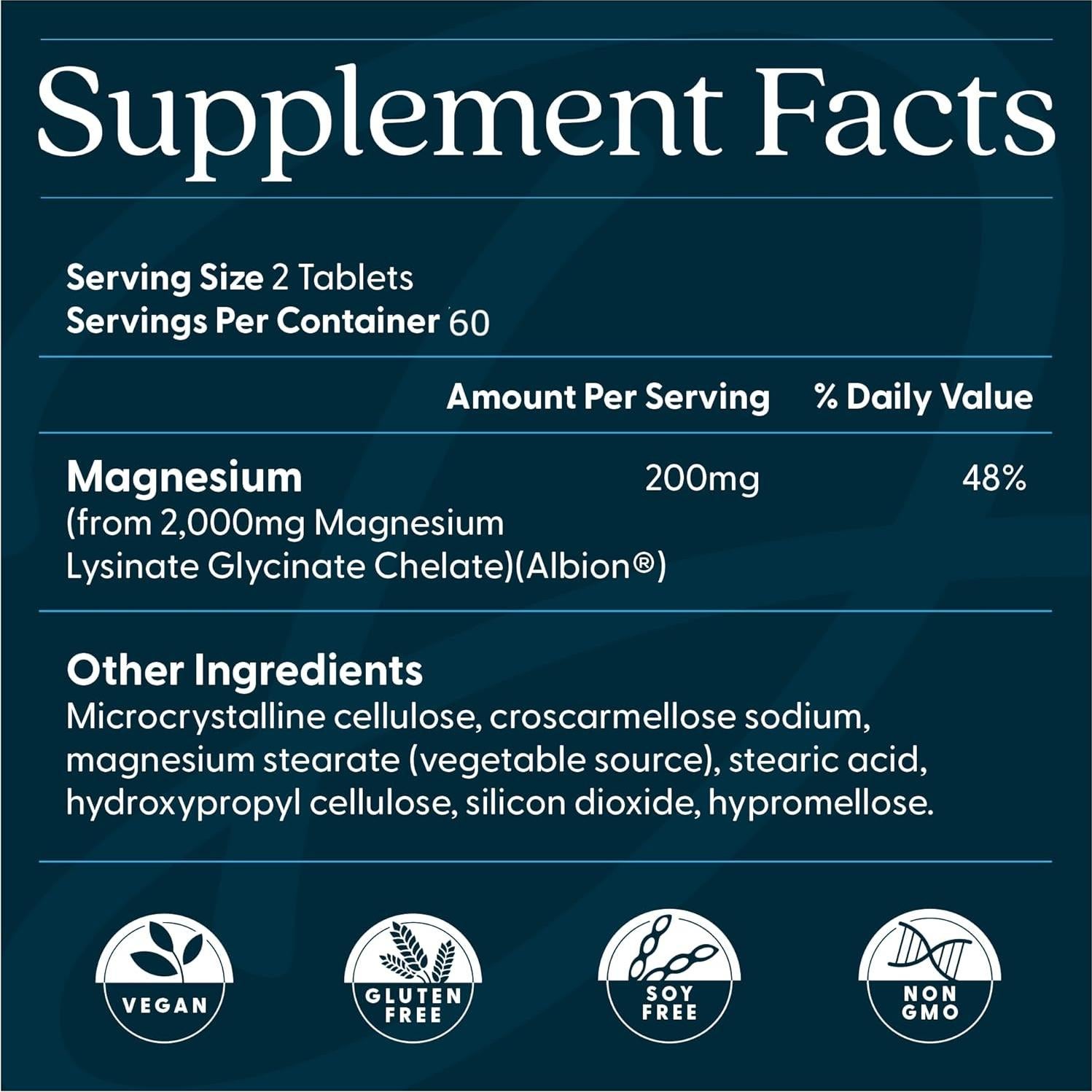 Suplemento de Magnesio Glicinato Lisinado Doctor's Best 200mg - 120 Tabletas