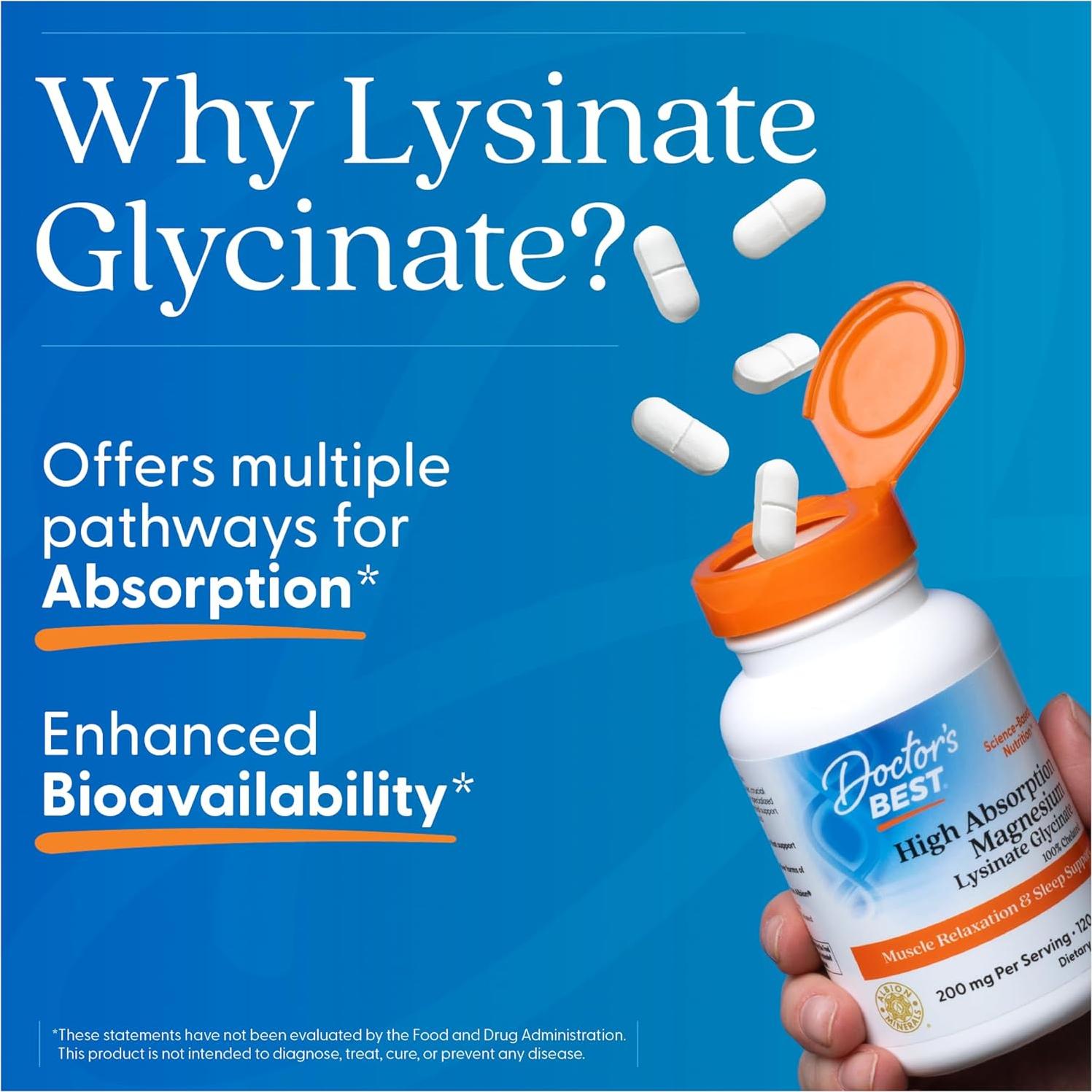 Suplemento de Magnesio Glicinato Lisinado Doctor's Best 200mg - 120 Tabletas