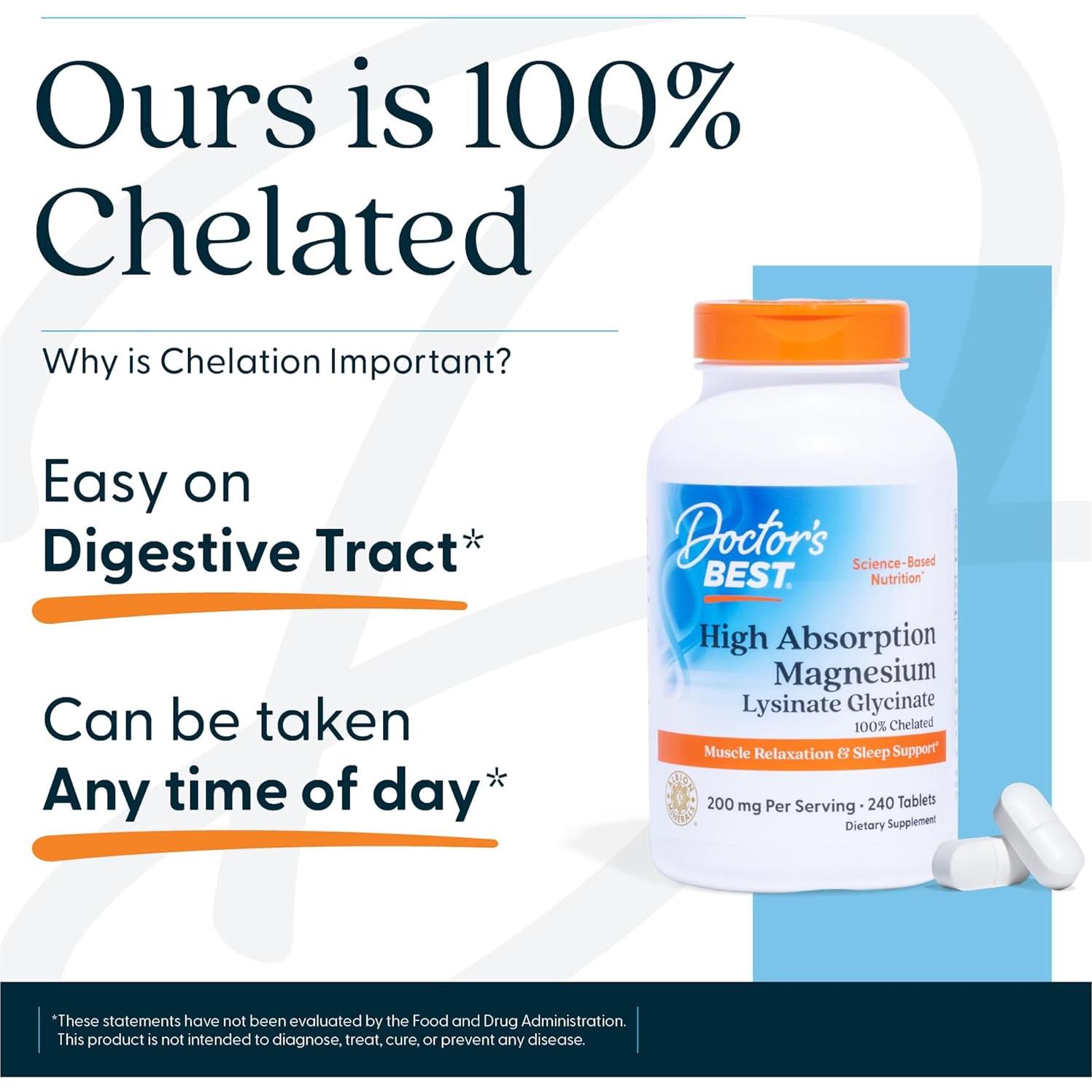 Suplemento de Magnesio Glicinato Lisinado Doctor's Best 200mg - 120 Tabletas