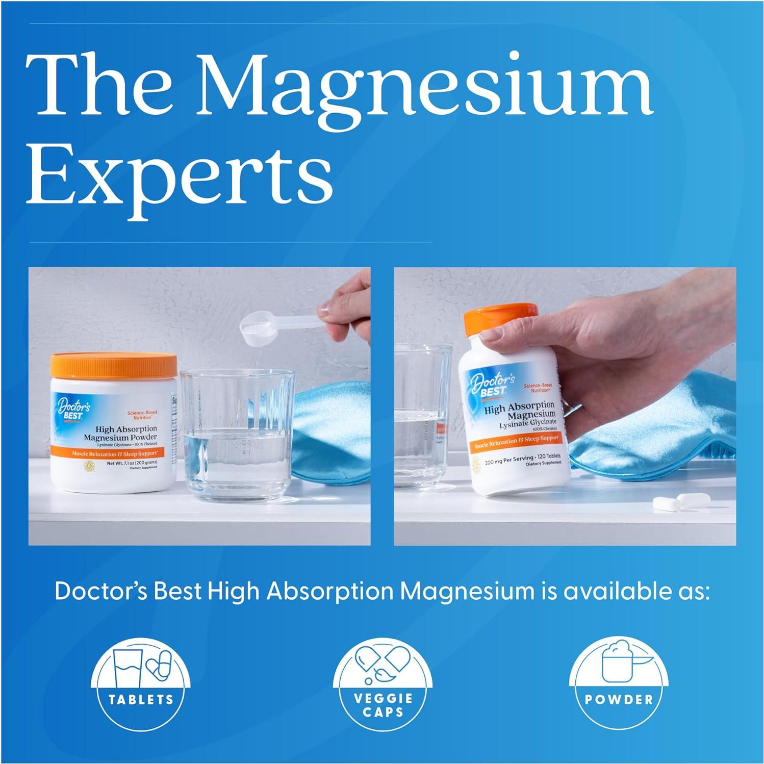 Suplemento de Magnesio Glicinato Lisinado Doctor's Best 200mg - 120 Tabletas