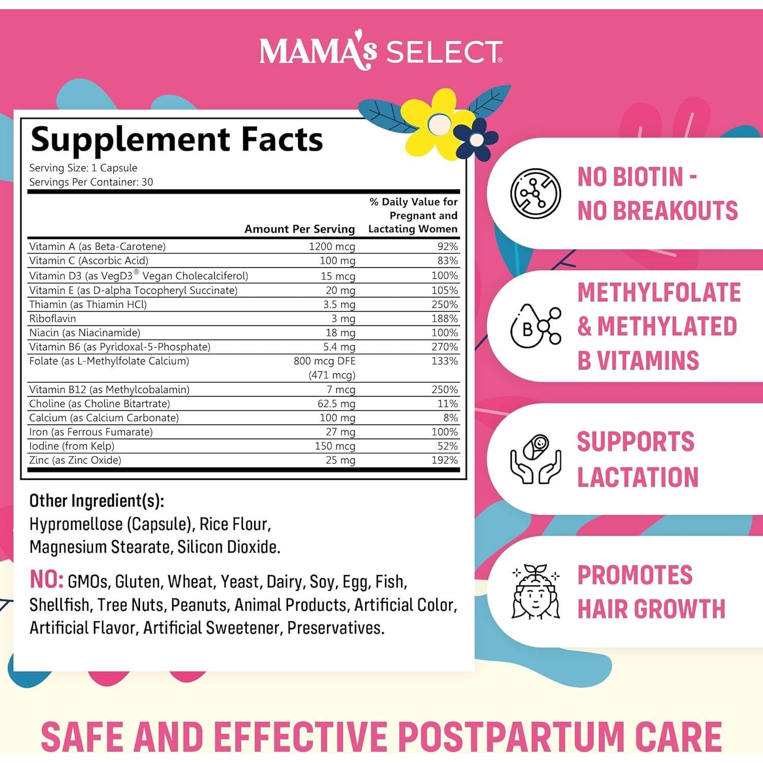 Vitaminas Postnatales Mama's Select - 30 Cápsulas Veganas