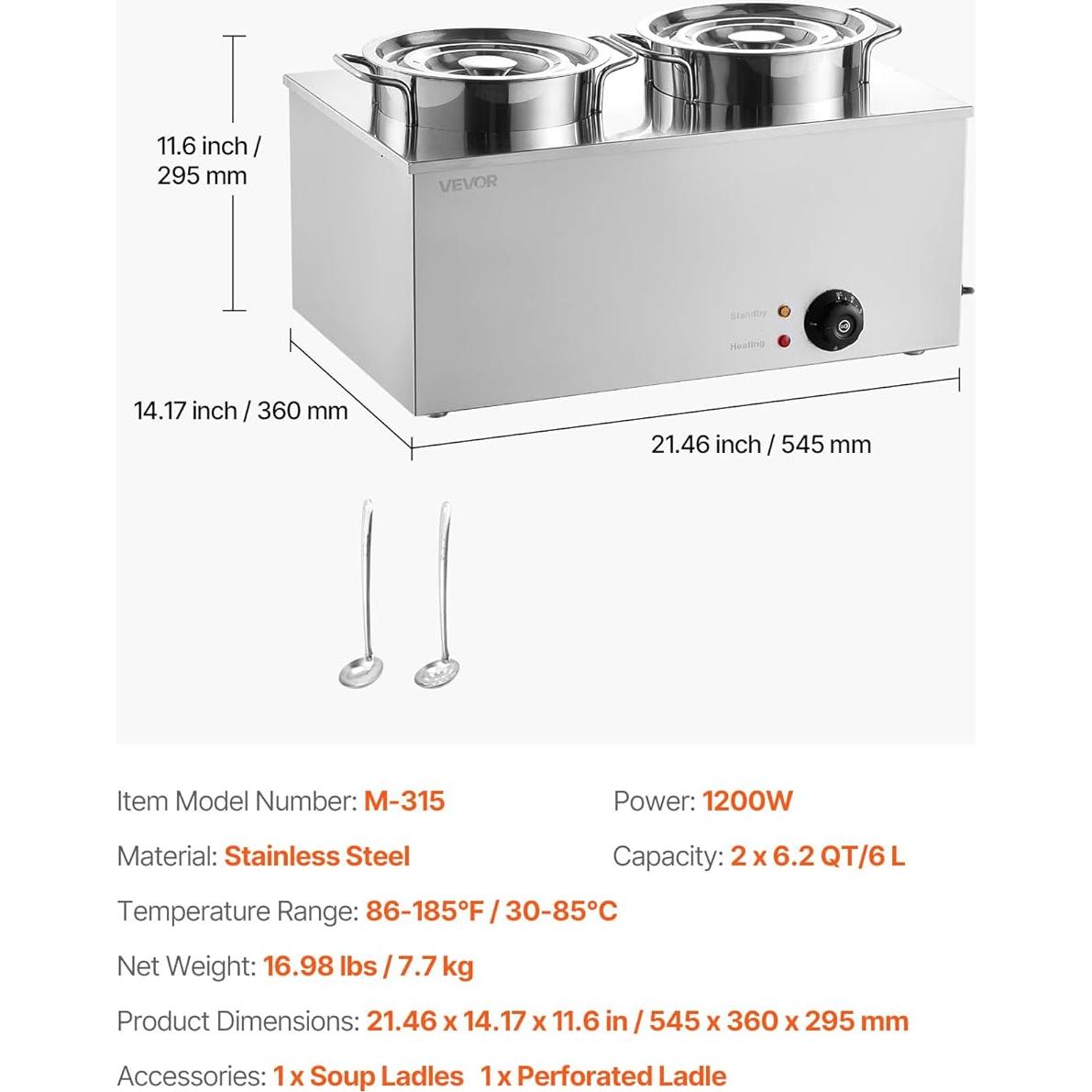 Calentador de Sopa Eléctrico VEVOR 2 Ollas 6.34QT 1200W