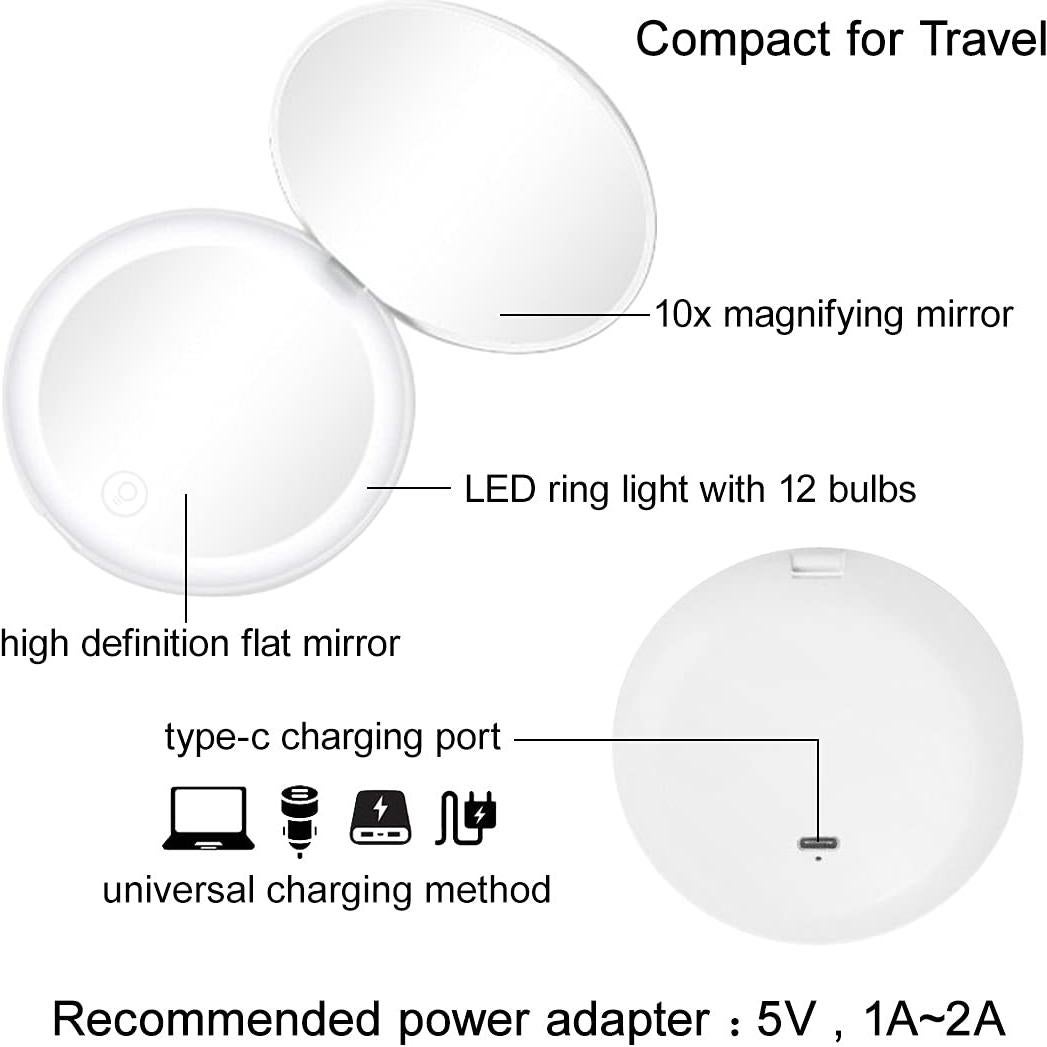 Espejo Compacto LED Recargable Milishow 1x/10x 8.89cm