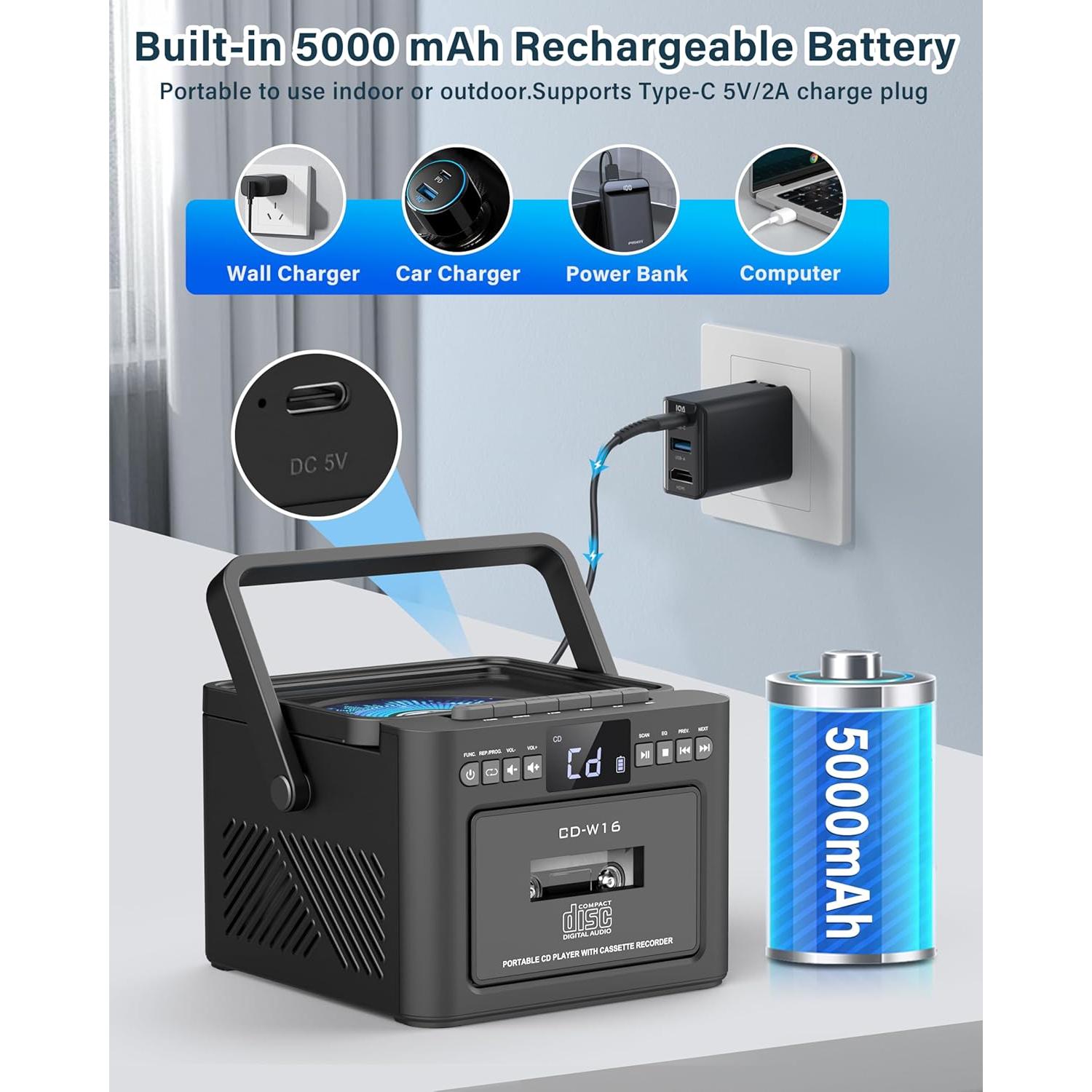 Reproductor de CD Boombox Sunoony CD-W16 Bluetooth 5.1 5000mAh