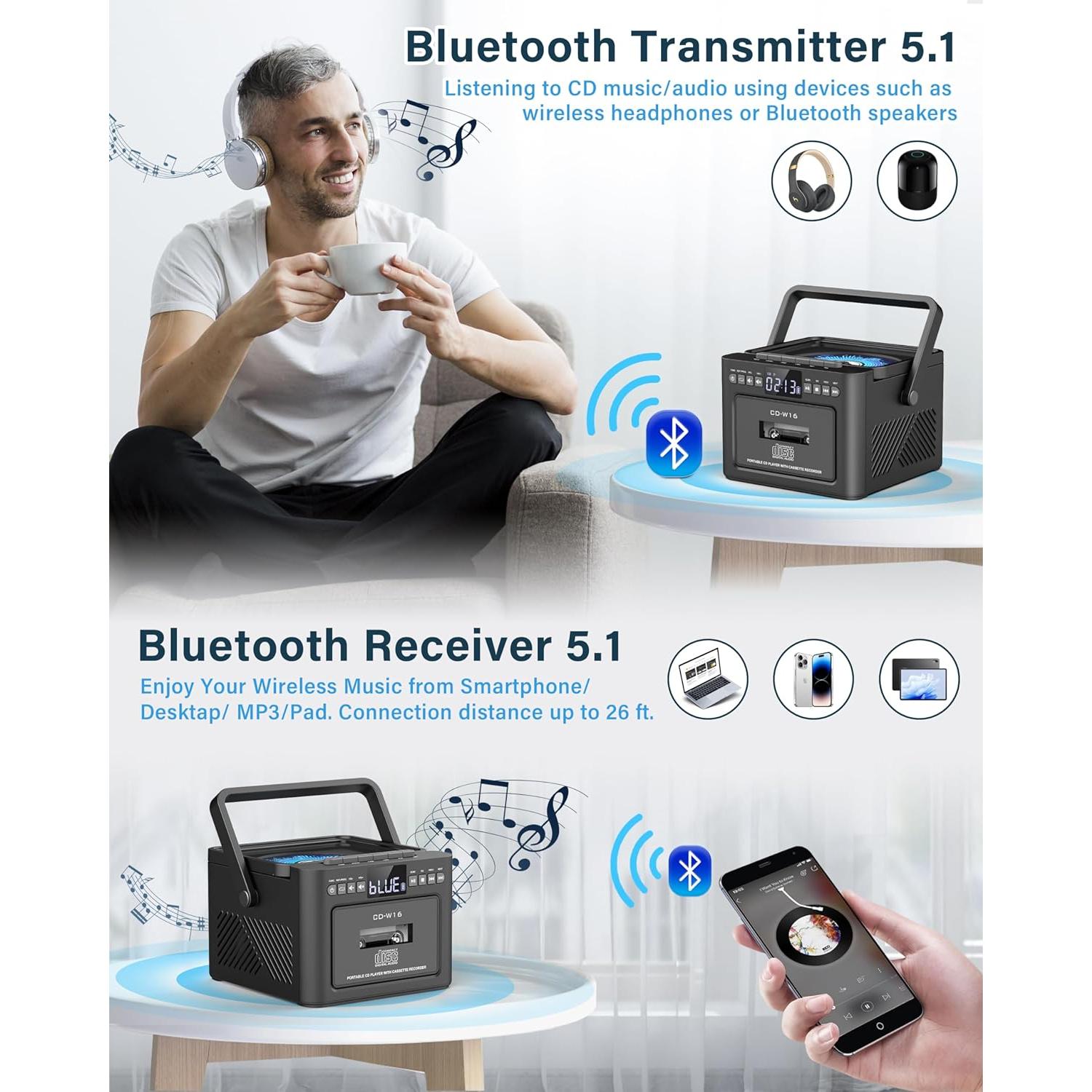 Reproductor de CD Boombox Sunoony CD-W16 Bluetooth 5.1 5000mAh