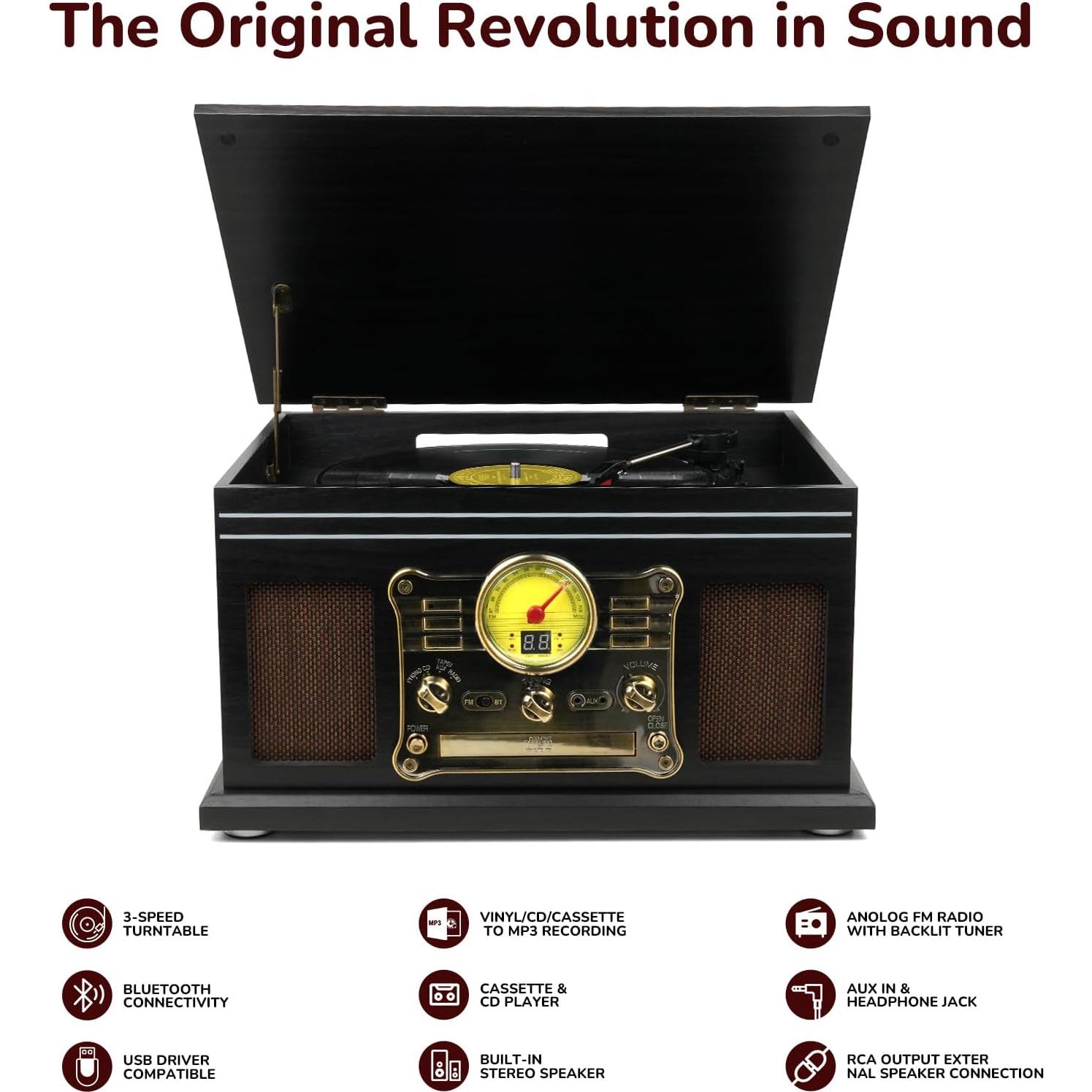 Reproductor de Vinilo Bluetooth FEKTIK M506 10 en 1 Negro