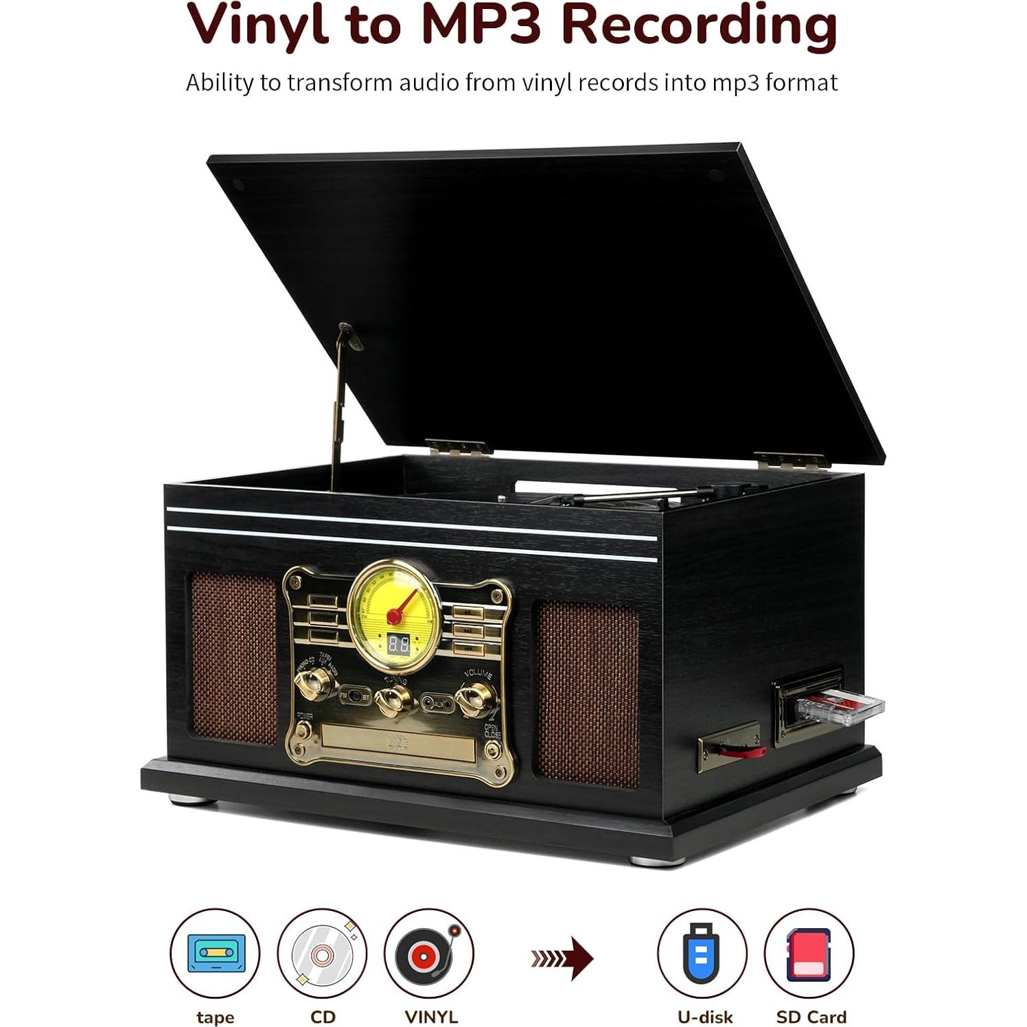 Reproductor de Vinilo Bluetooth FEKTIK M506 10 en 1 Negro