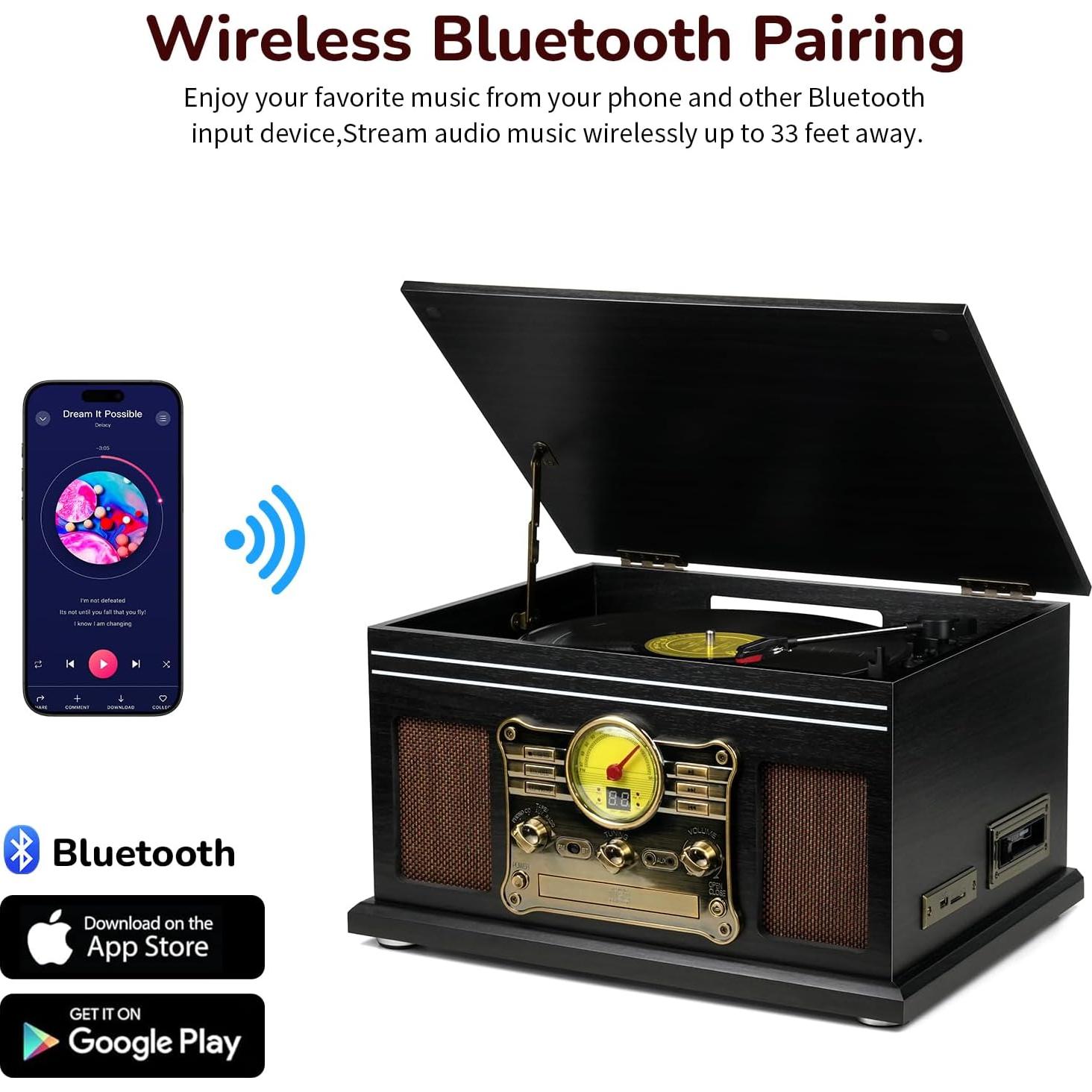 Reproductor de Vinilo Bluetooth FEKTIK M506 10 en 1 Negro