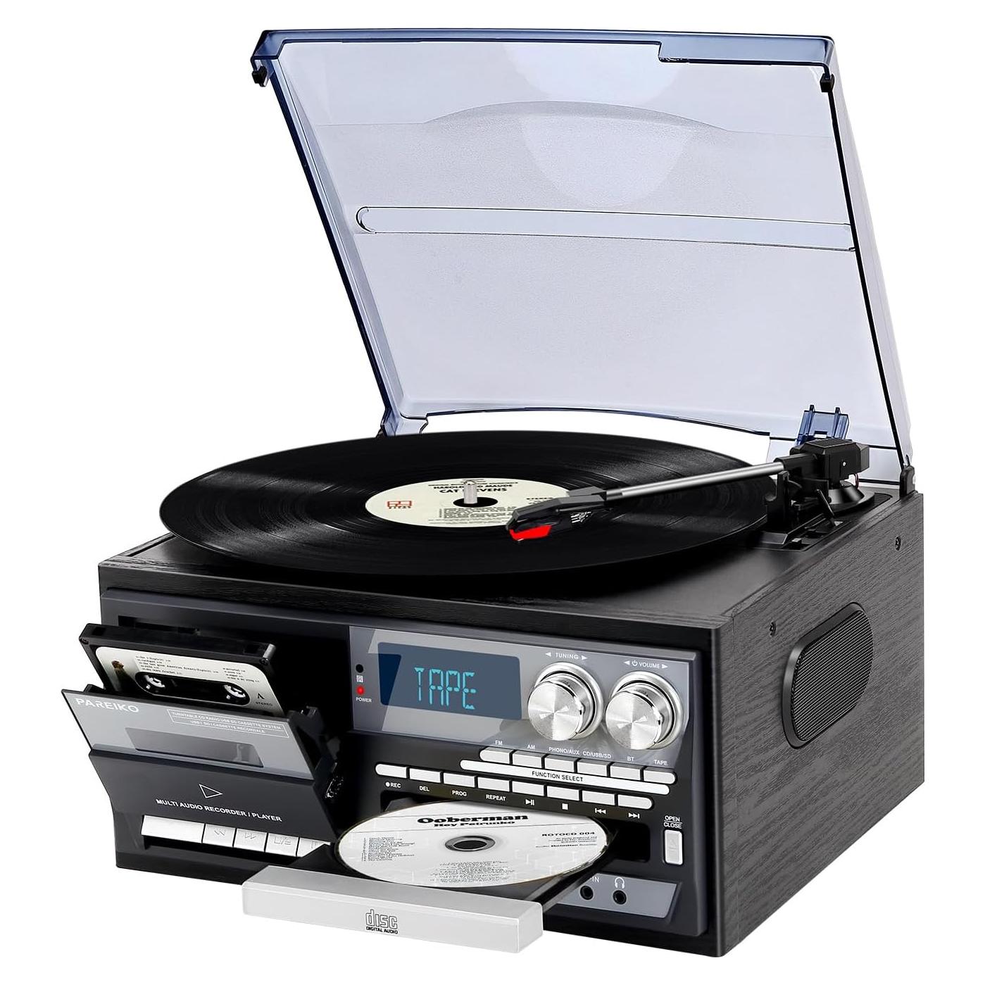 Reproductor de Vinilo 9-en-1 PAREIKO T408 con Bluetooth y Control Remoto