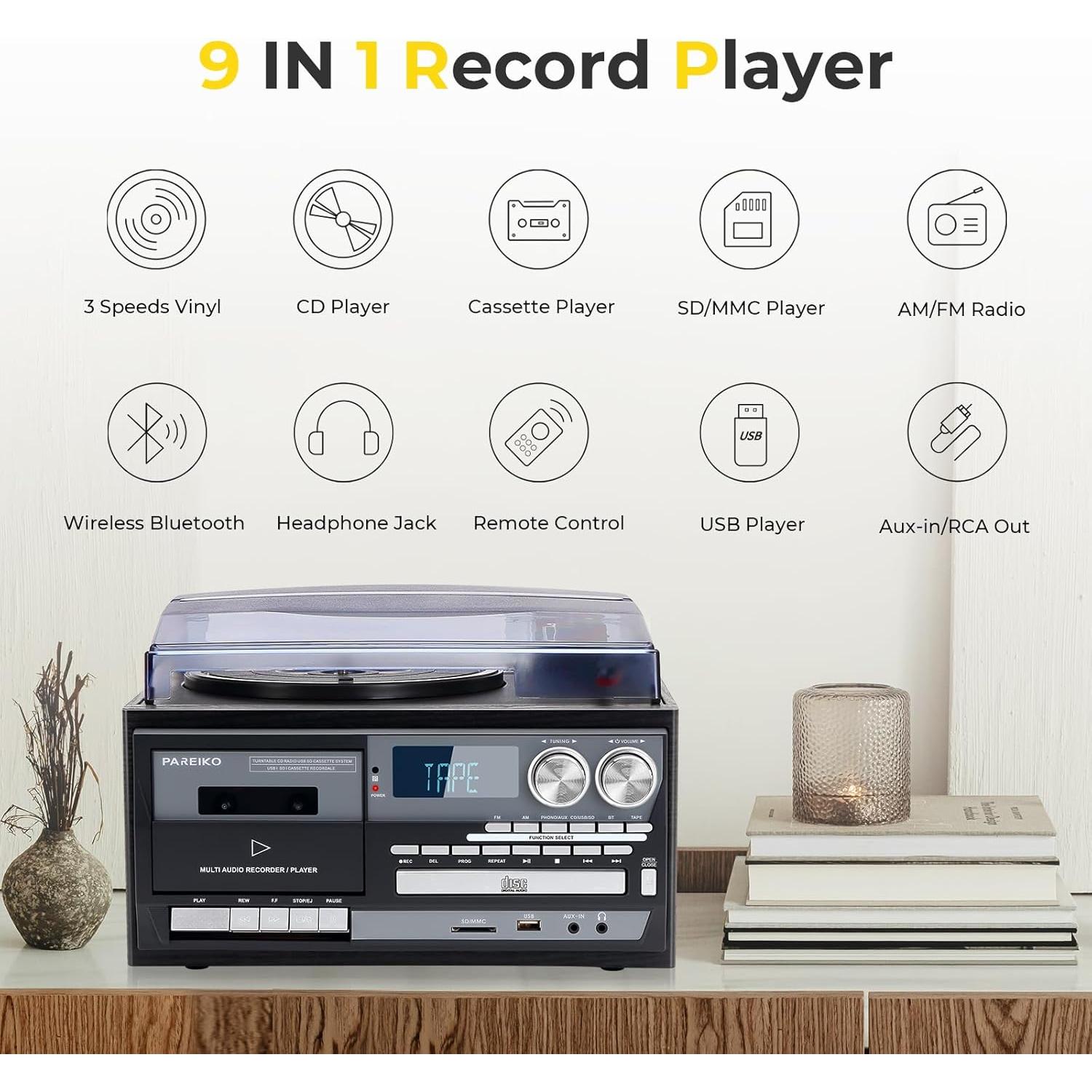 Reproductor de Vinilo 9-en-1 PAREIKO T408 con Bluetooth y Control Remoto