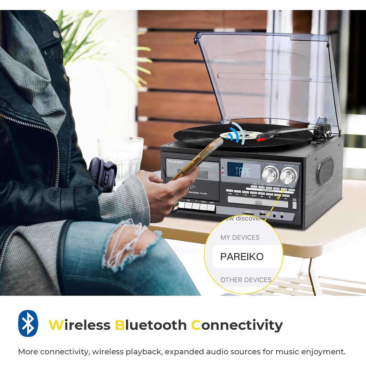 Reproductor de Vinilo 9-en-1 PAREIKO T408 con Bluetooth y Control Remoto