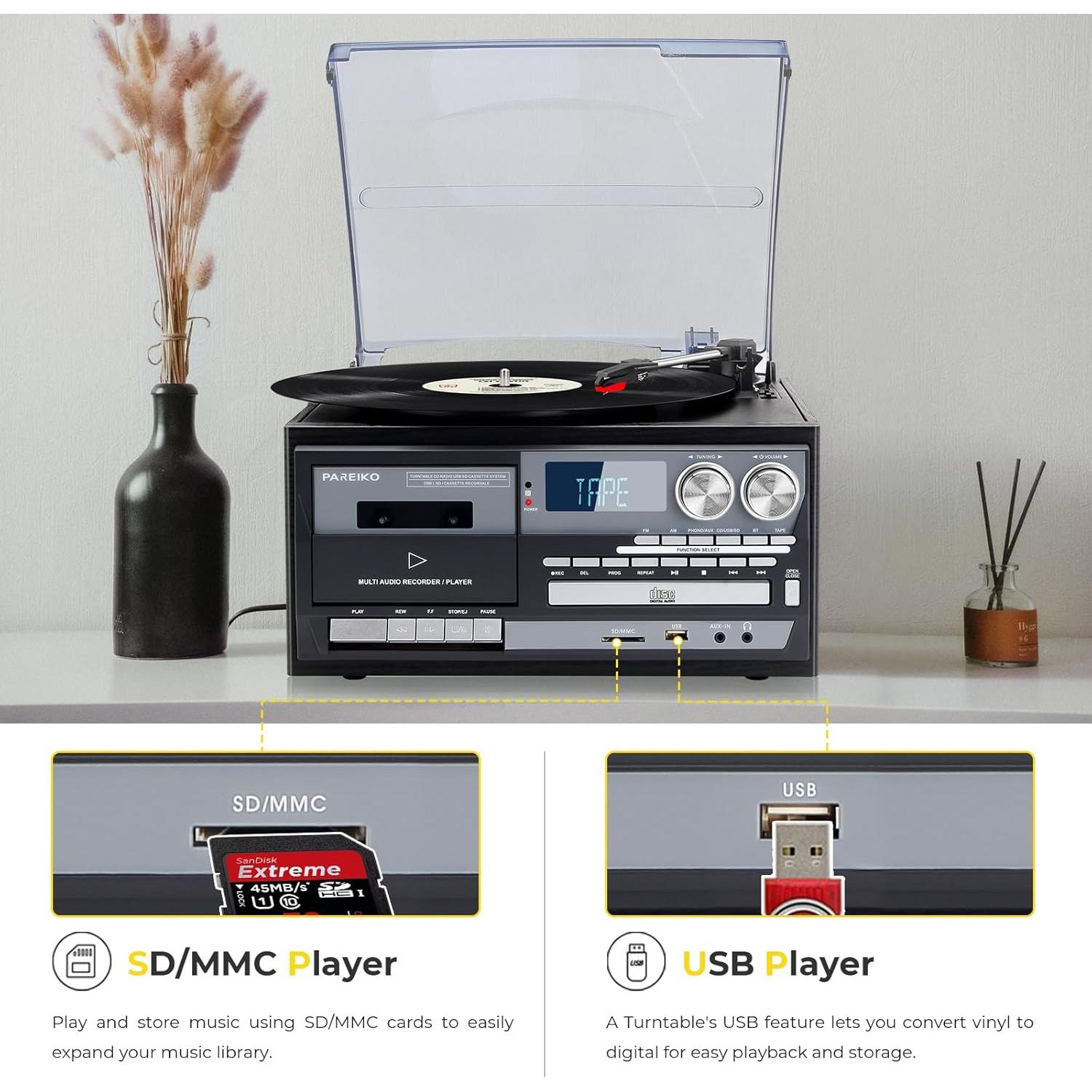 Reproductor de Vinilo 9-en-1 PAREIKO T408 con Bluetooth y Control Remoto