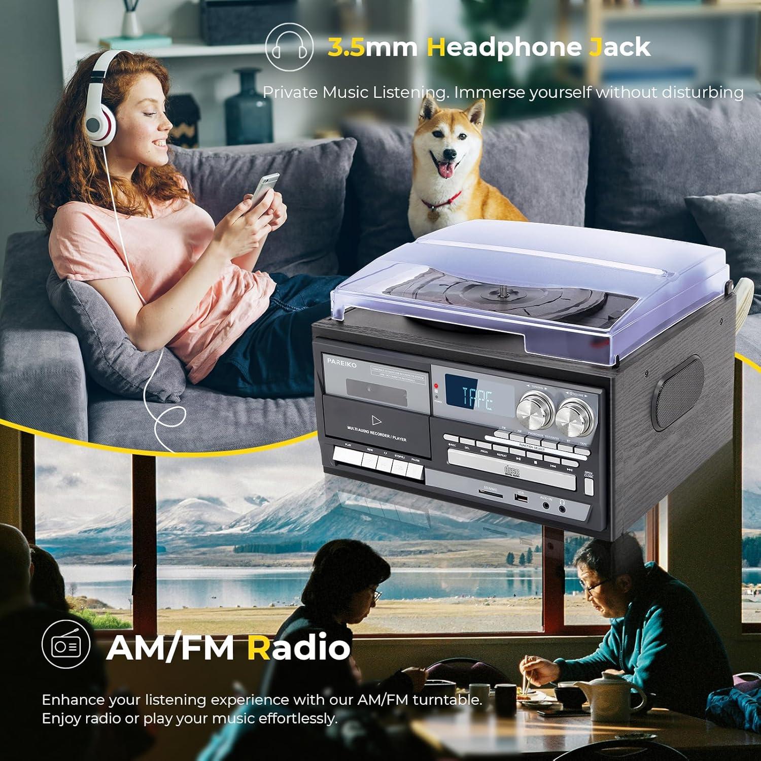 Reproductor de Vinilo 9-en-1 PAREIKO T408 con Bluetooth y Control Remoto