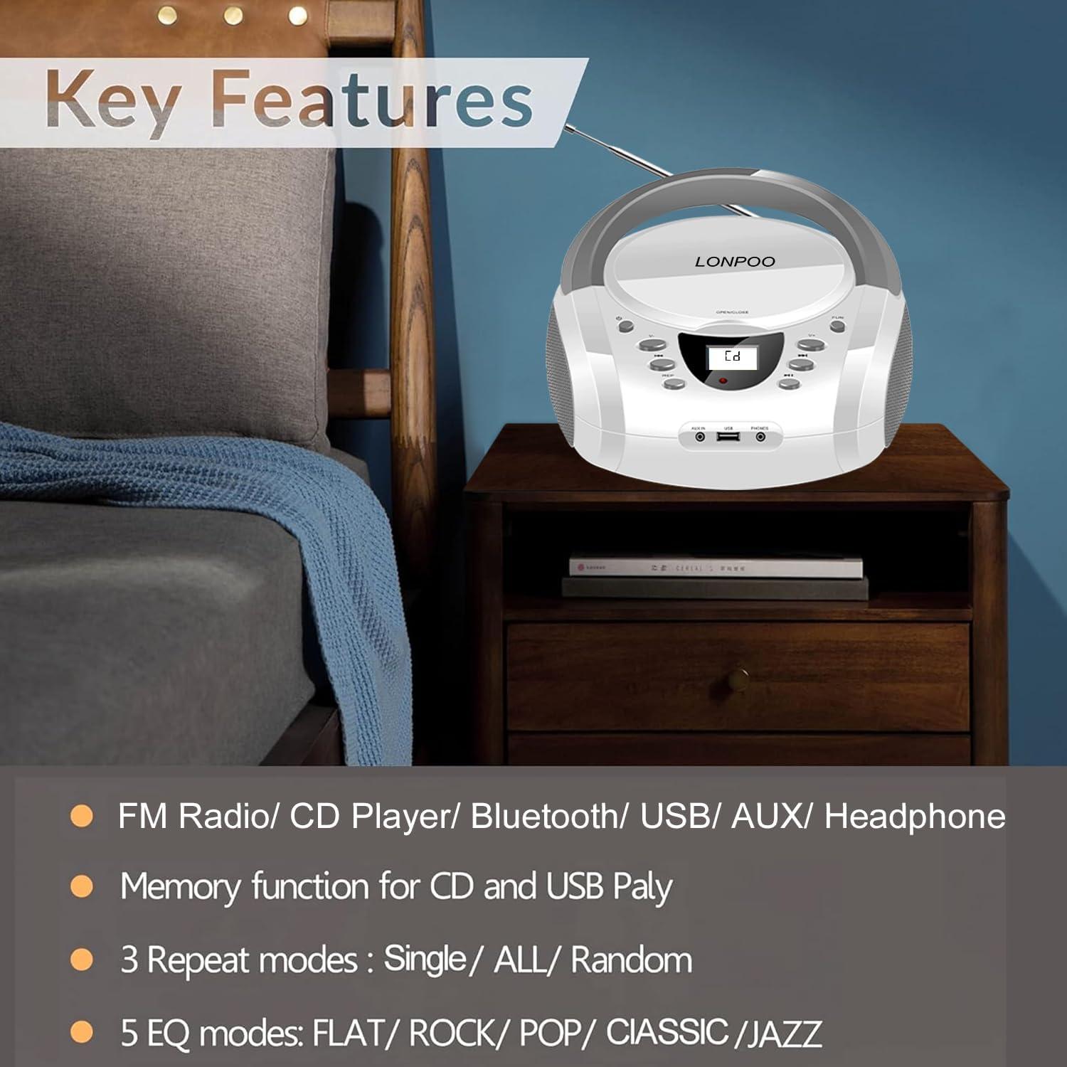 Reproductor de CD Portátil LONPOO LP-D01 Bluetooth FM USB