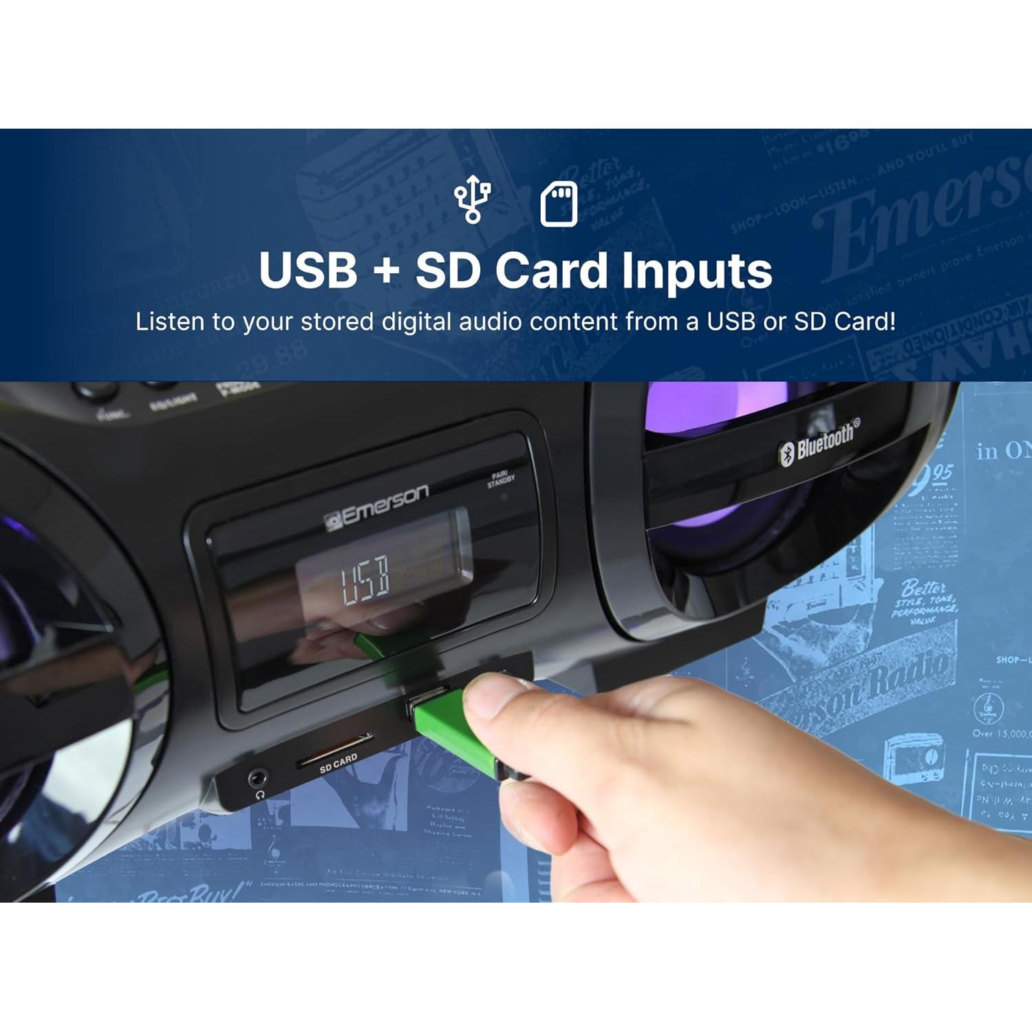 Reproductor Boombox Emerson EPB-3005 CD, Bluetooth, LED, USB